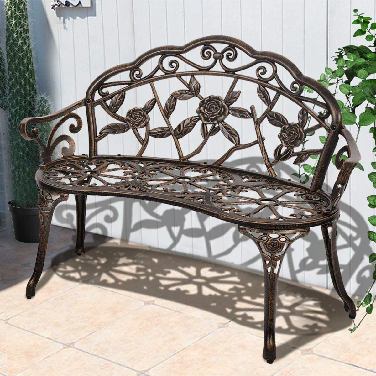 Garden Bench Outdoor Metal Rose,39in Cast Iron Well-Crafted Floral Back Antique Finish Park Chair,Accented Lawn Front Porch Path Yard Bronze Decor Deck Furniture for 2|Easy Assembly