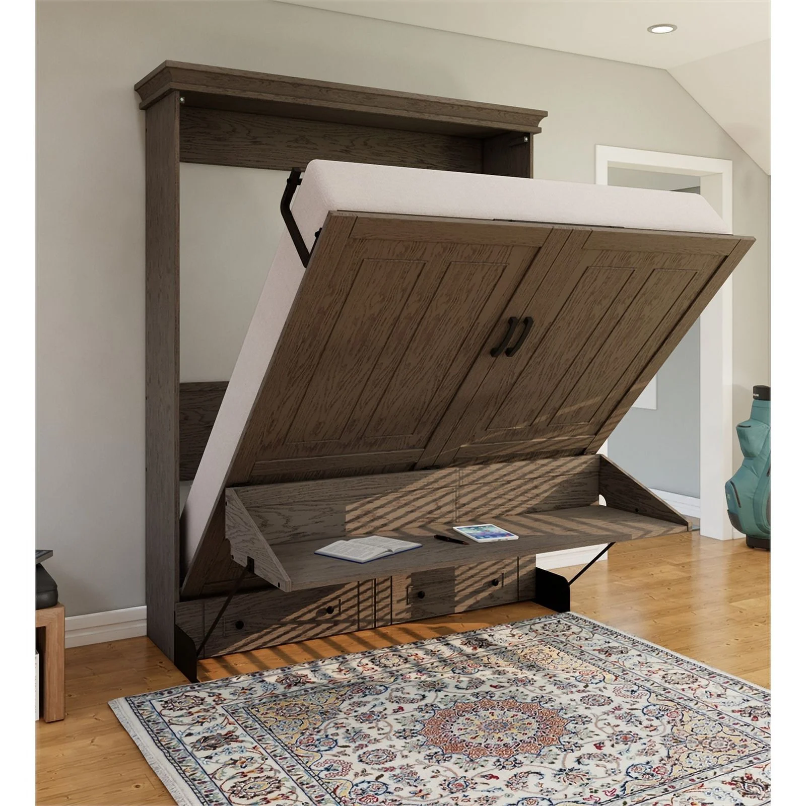 RoomAndLoft Windsor Queen Size Solid Wood Murphy Wall Desk Bed in Gray