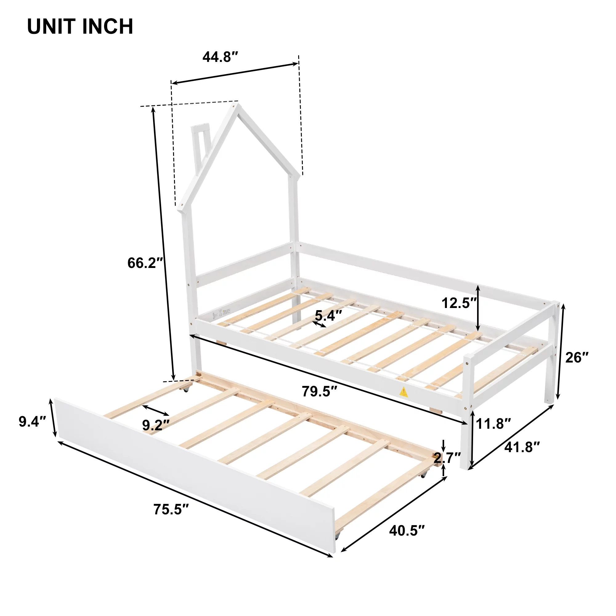 Bellemave Twin Size Daybed Bed with Trundle and House-shaped Headboard Twin Wood Platform Bed Frame with Guardrails Montessori House Bed for Kids, Toddlers, Boys, Girls, White