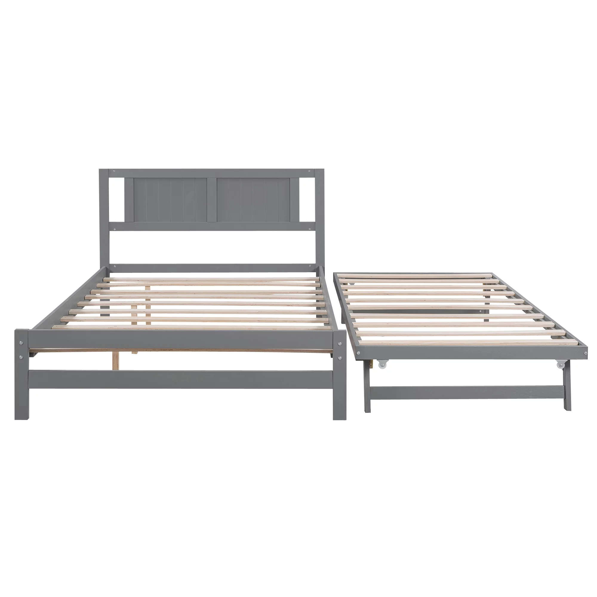 Euroco Wood Full Size Platform Bed with Trundle Frame Set, Wooden Bed Frame with Convertible Trundle Bed for Kids Teens Adulst, Gray