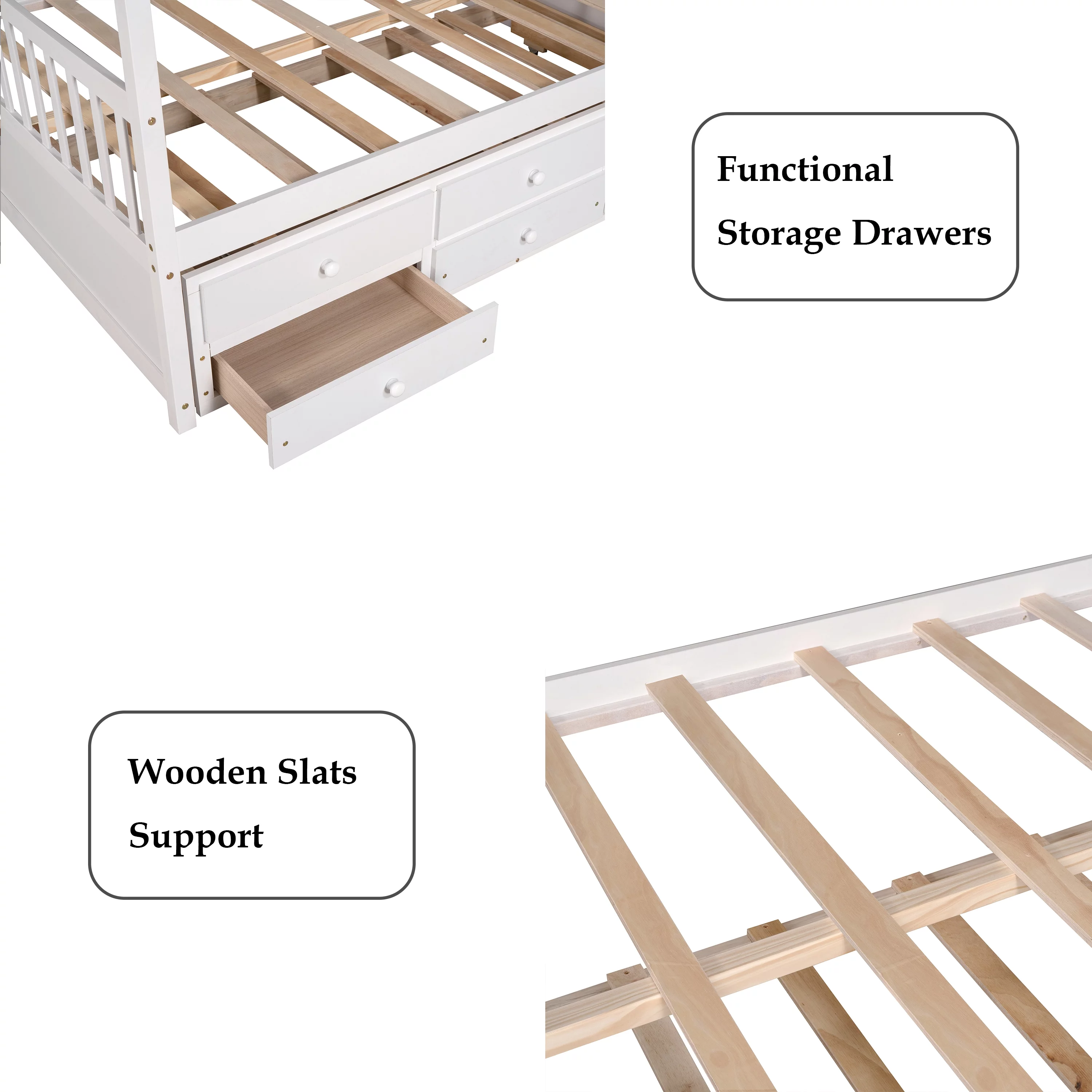 Bellemave Kids House Bed with Trundle and Drawers Full Size Platform Bed with Storage Playhouse Design Wooden Bed Frame With Roof and Headboard for Boys Girls Teens, White