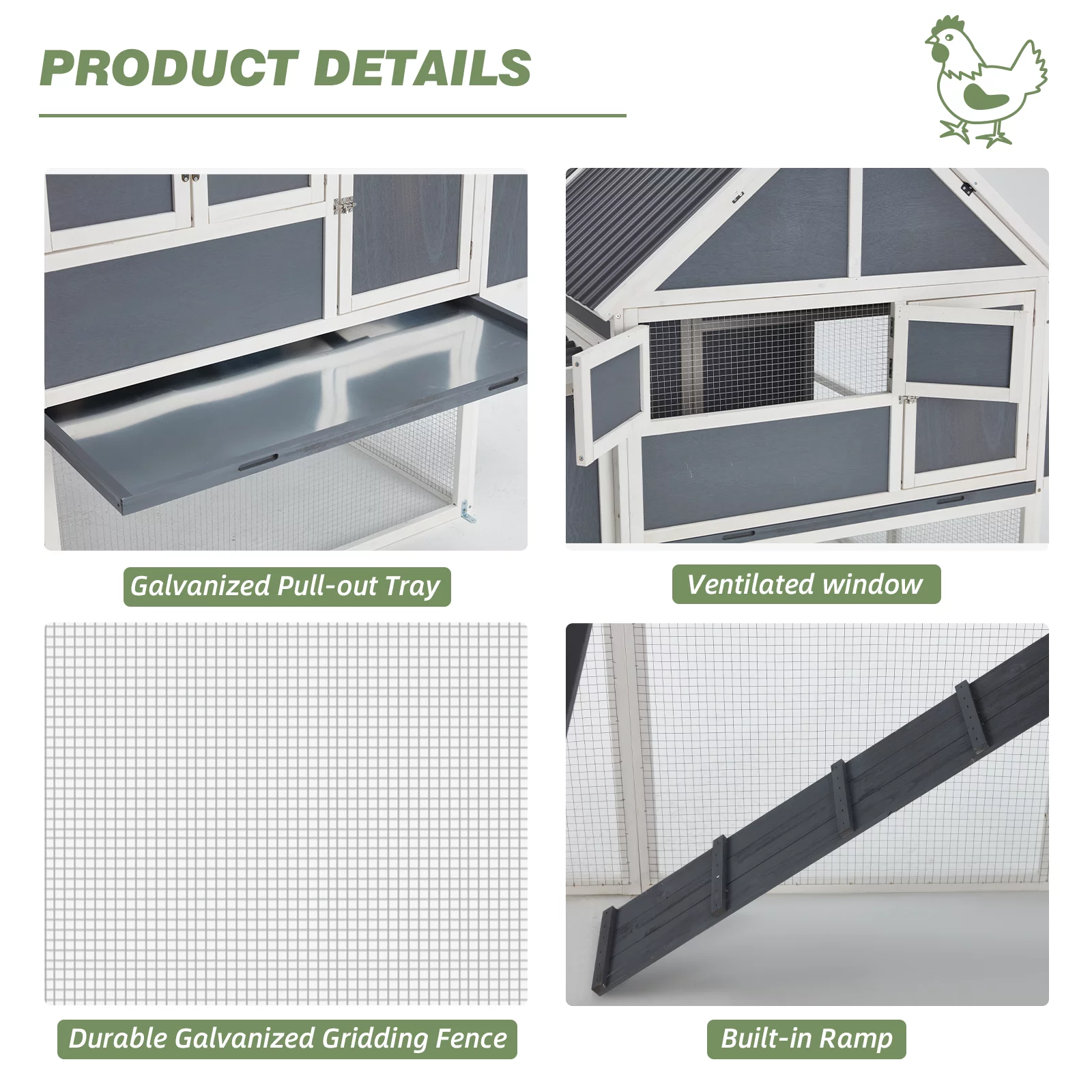 YODOLLA 84” Large Chicken Coop Outdoor Wooden Hen House Poultry Cage with 2 Nesting Boxes & Removable Tray,Gray