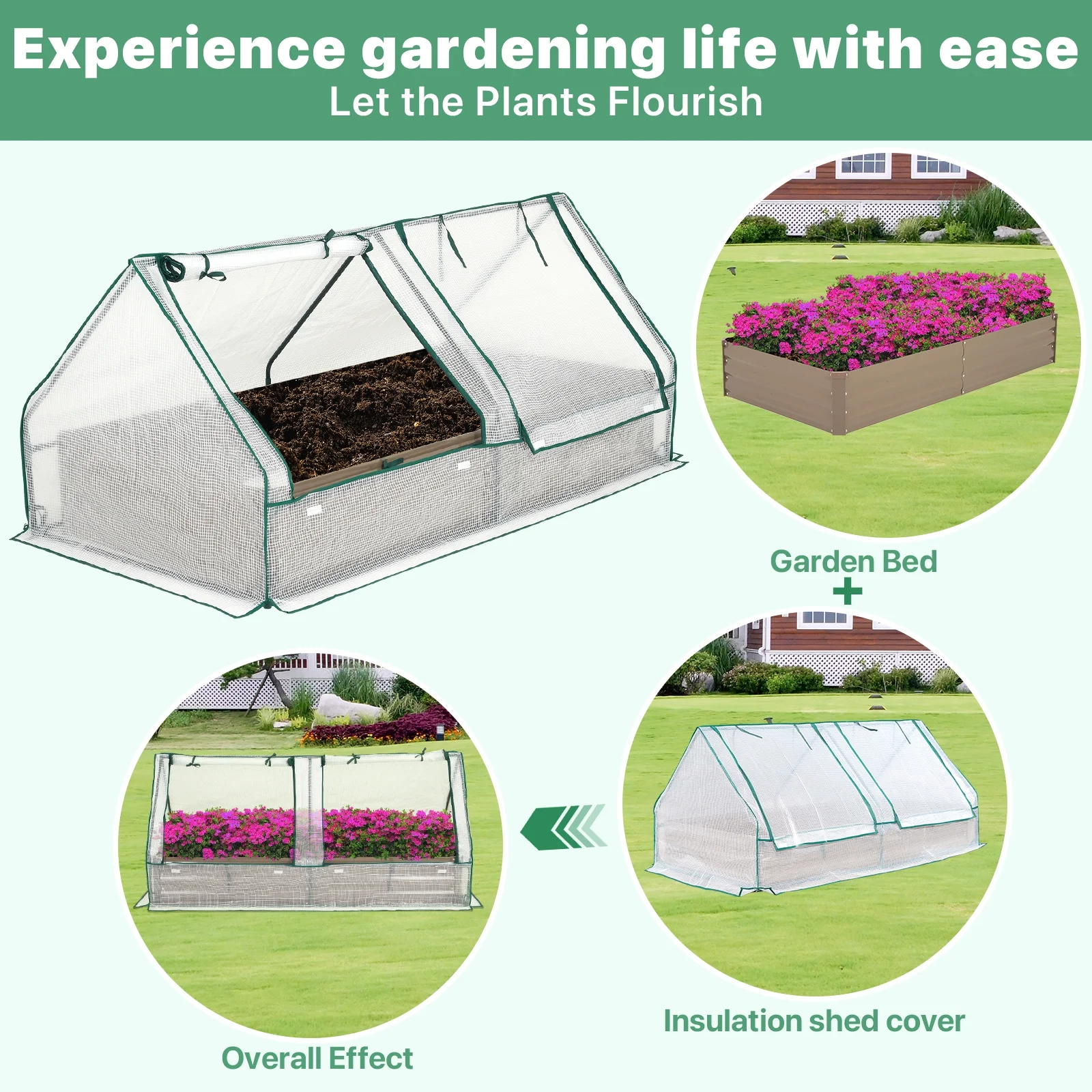 8x4x1ft Galvanized Raised Garden Bed with Cover Outdoor Extra-Thick Metal Planter Box Kit,w/ 2 Roll-Up Large Screen Windows Mini Greenhouse for Growing Flowers etc