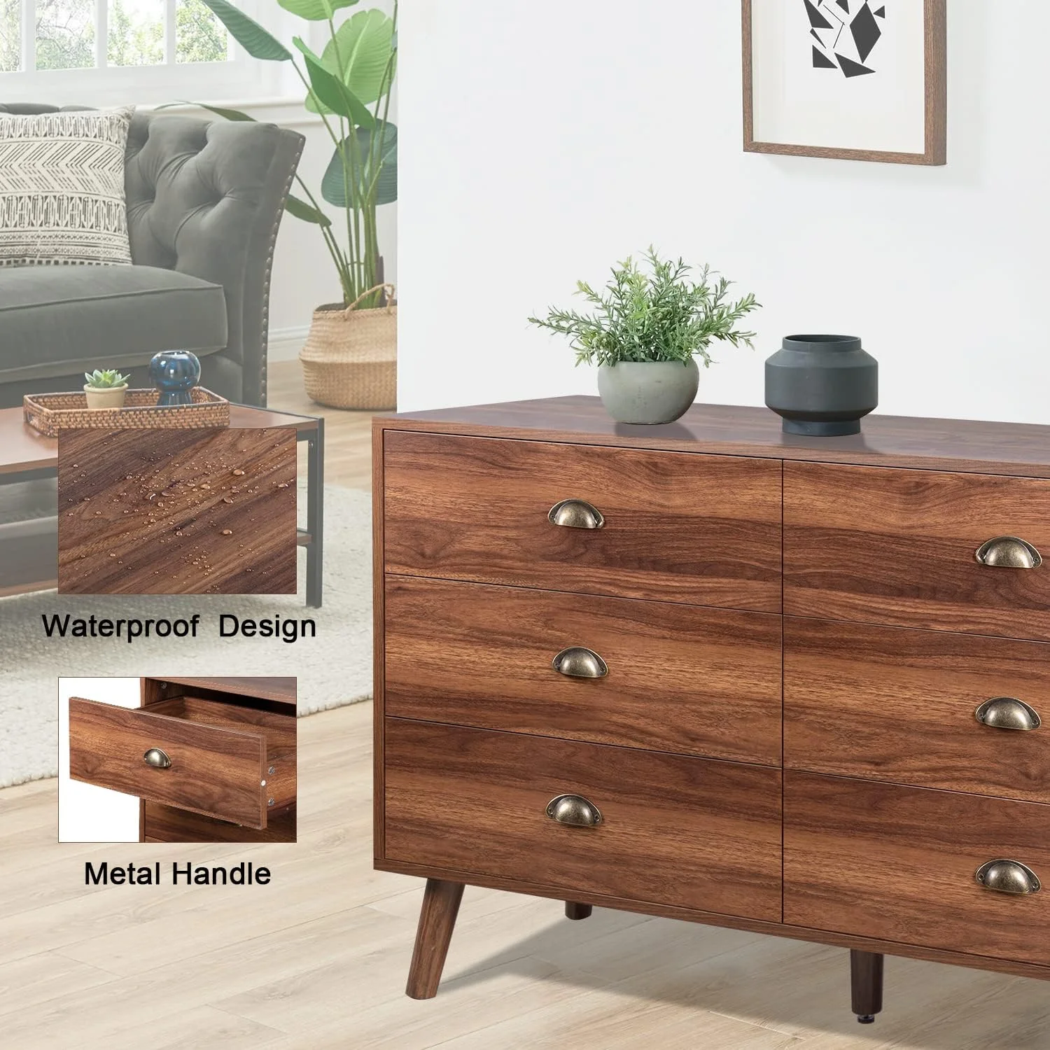 Popular Mid-Century Dresser  6 Drawer Dresser for Bedroom  Modern Walnut Dresser with Metal Handle  Wood Dresser Chest of Drawers for Living Room  Hallway