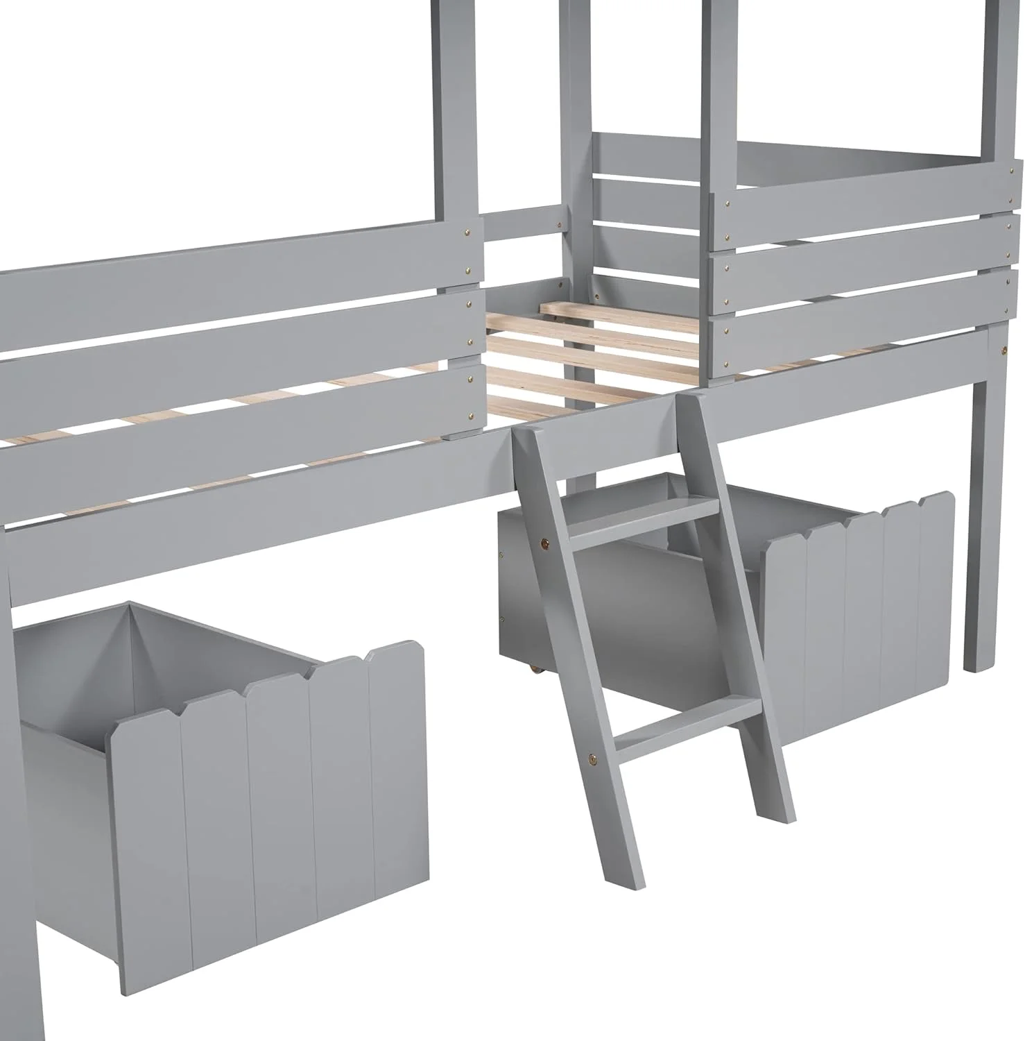 House Loft Bed For Kids,Wood House Loft Bed With Storage Drawers And Ladder, Low Loft Bedframe, Bedroom Furniture For Kids/Boys/Girls (Gray)