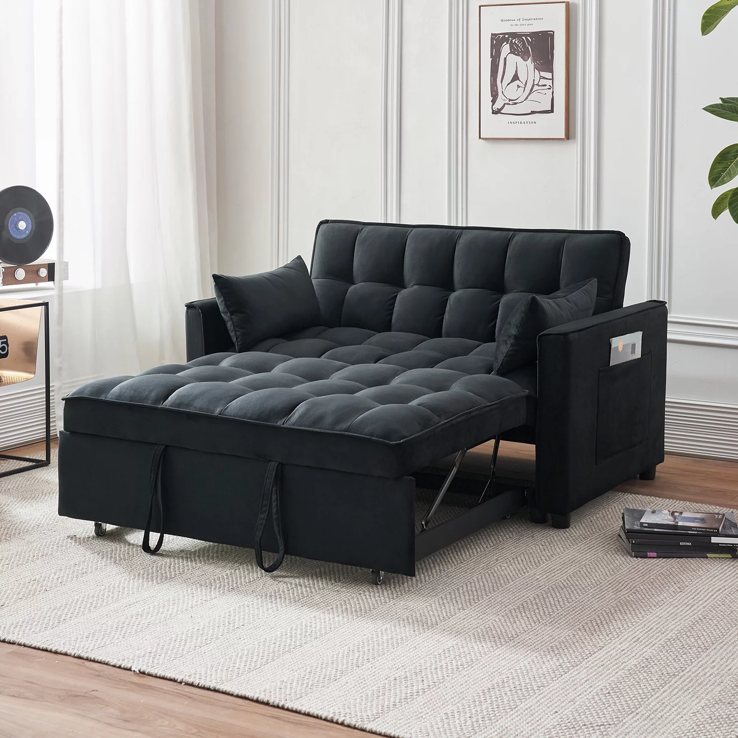 Tzicr 55.5'' 3-in-1 Convertible Sleeper Sofa Bed, Modern Velvet Loveseat Futon Couch Pullout Bed with Adjustable Backrest, Side Storage Pockets and Pillows. (Black)
