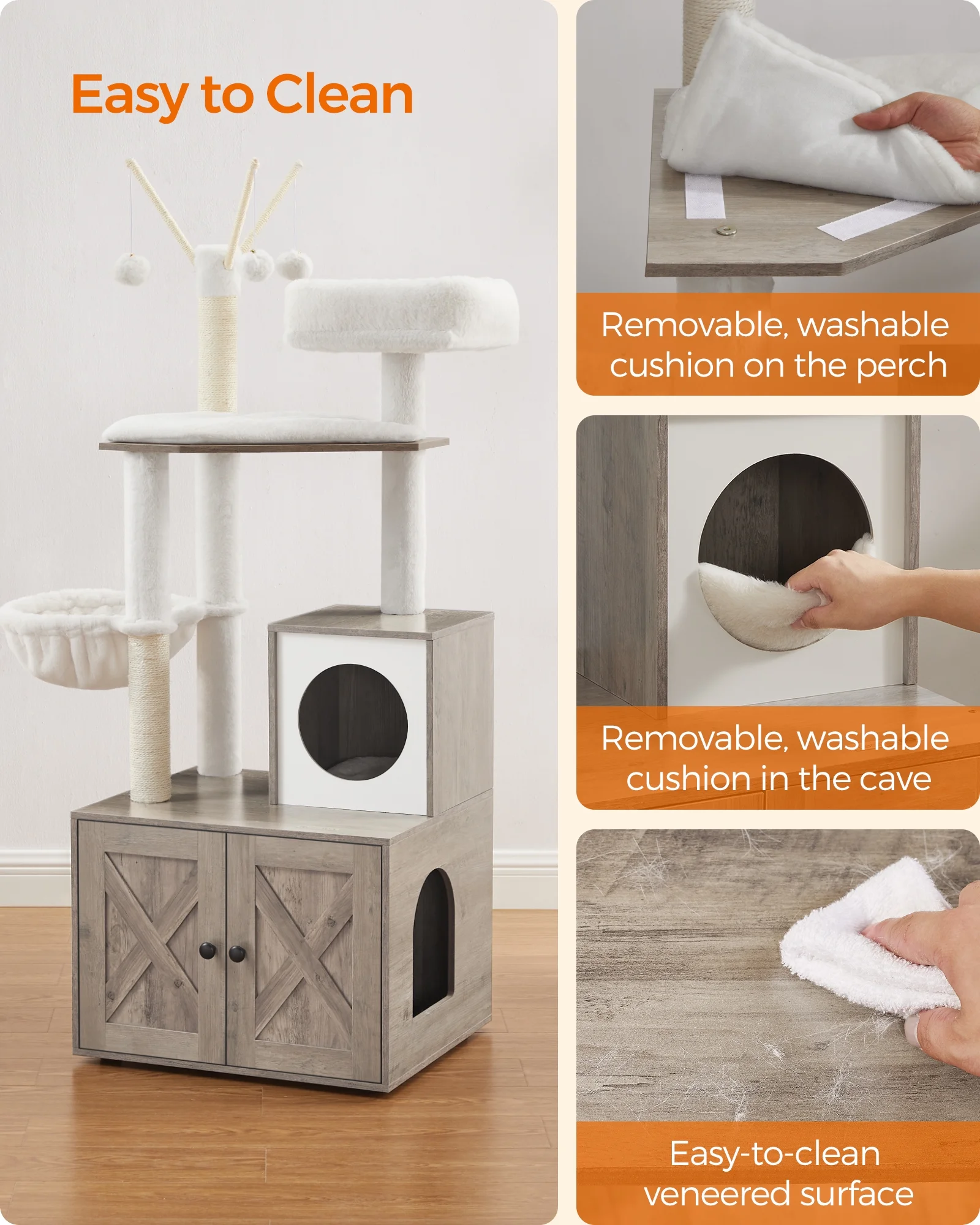 Feandrea WoodyWonders 2-in-1 Cat Tree with Litter Box Enclosure - Modern Cat Condo with Scratching Posts, Greige