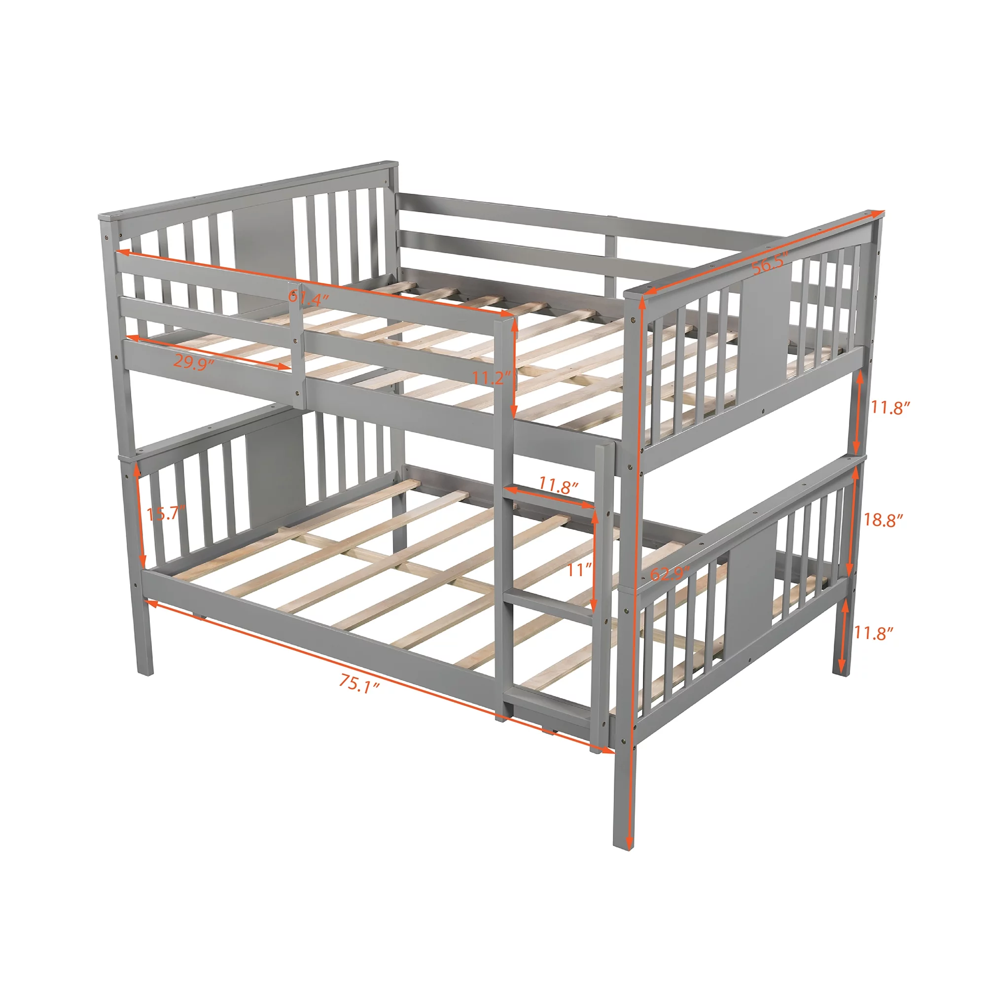 Full-Over-Full Bunk Bed with Ladder and Guard Rail, Pine Wood Frame for Kids, Teens, Boys and Girls, No Box Spring Needed