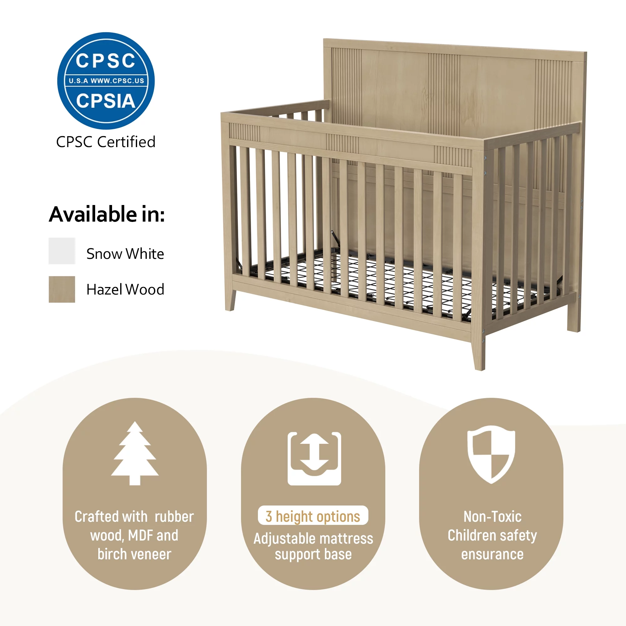 HSUNNS 4-in-1 Convertible Crib, Rustic Farmhouse Style, Certified Baby Safe Crib, Converts from Baby Crib to Toddler Bed, Daybed, and Full-Size Bed, 3 Adjustable Mattress Heights, Natural Wood