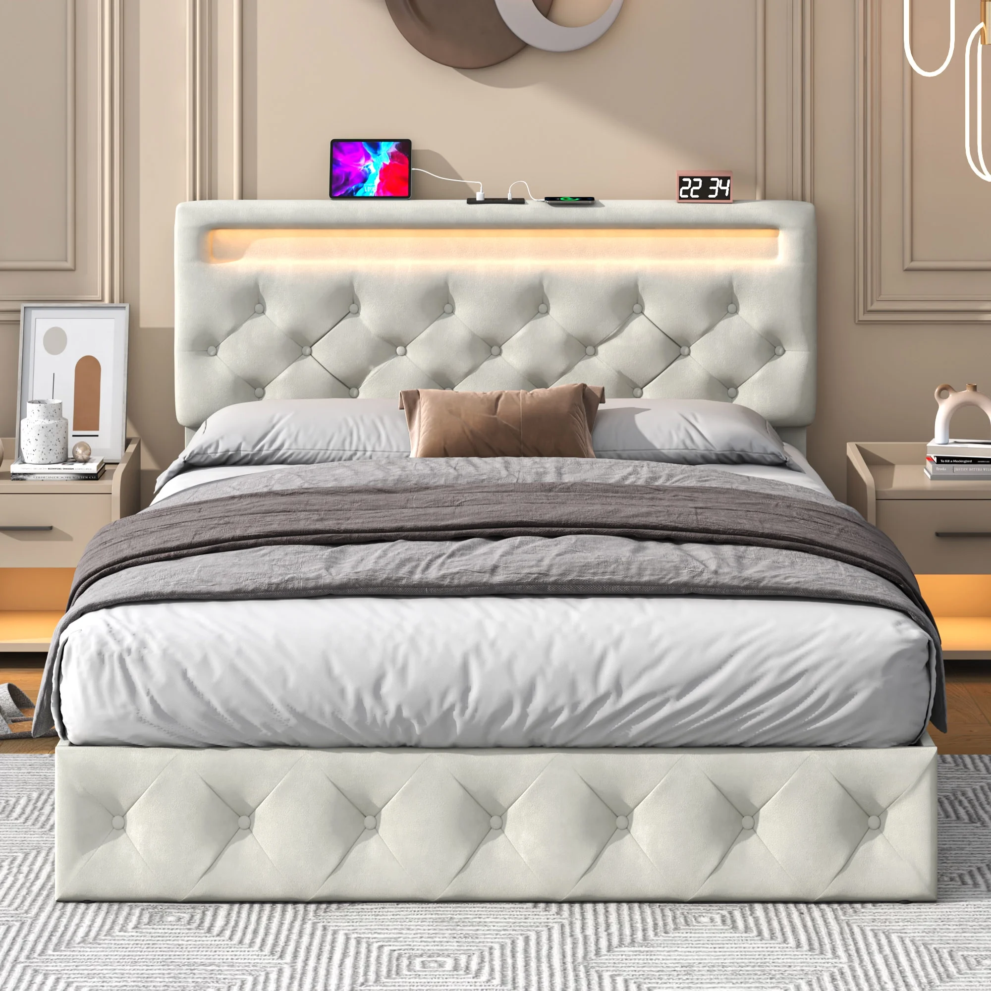 Queen Lift Up Storage Bed with LED Light & Power Station & Large Under Bed Storage, Velvet Upholstered Platform Bed Frame with Adjustable Headboard(Beige-Queen)