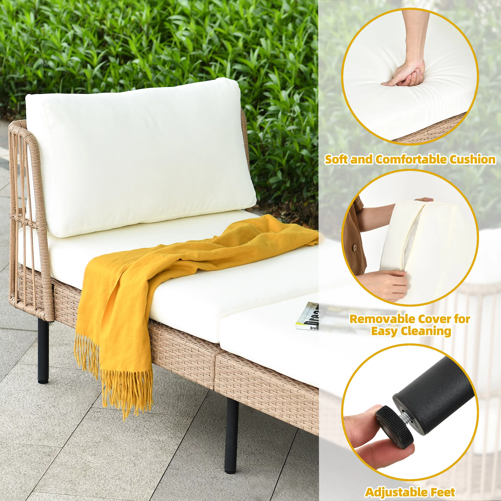 DWVO 74in Outdoor Daybed Wicker Patio Sofa Bed With Thickness Cushion Indoor Bed Lounger for Balcony Garden Deck Lawn - Beige