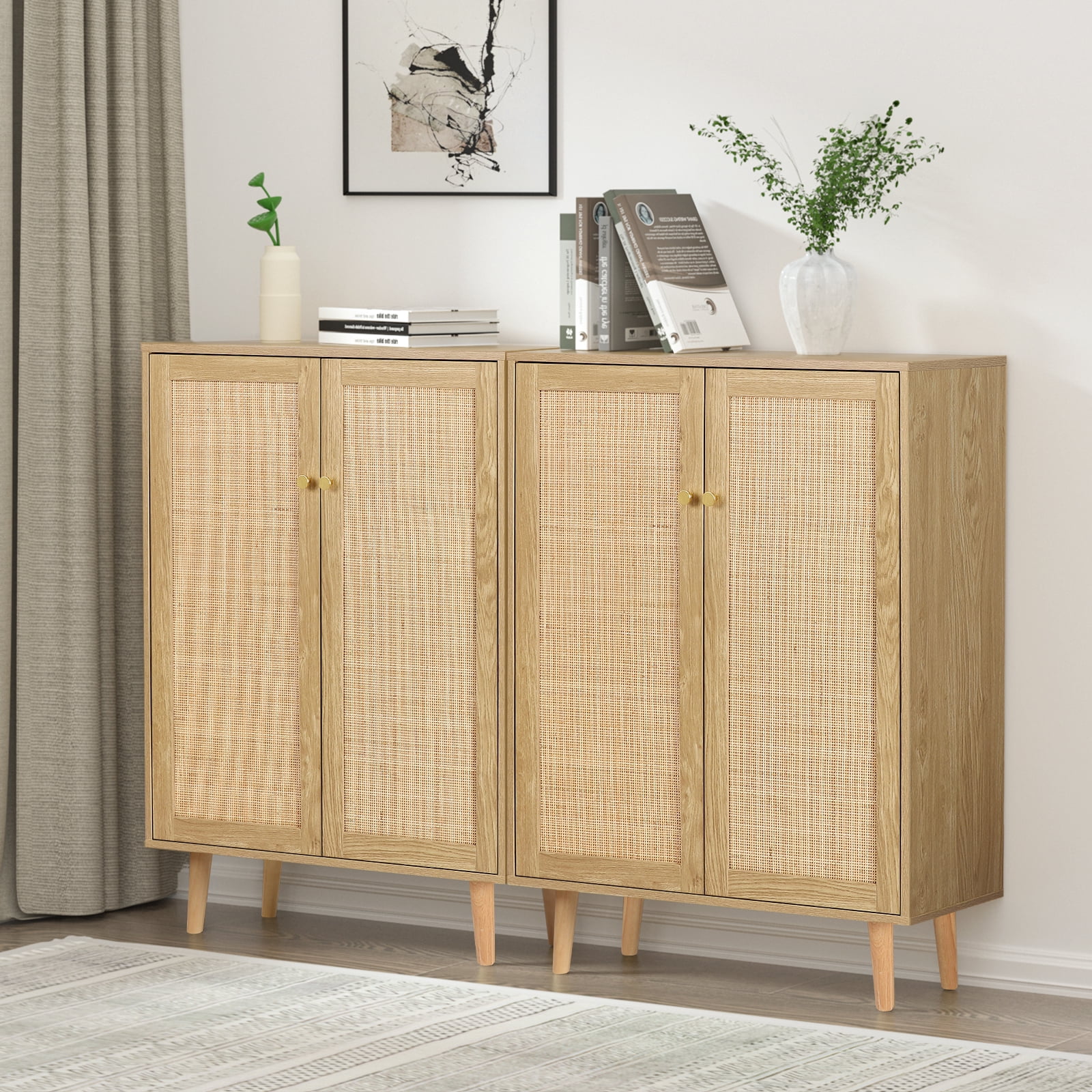 Eumyviv  Rattan Storage Cabinet with 2 Door, Farmhouse Sideboard Tall Storage Cabinet for Living Room Entryway, Oak H0030