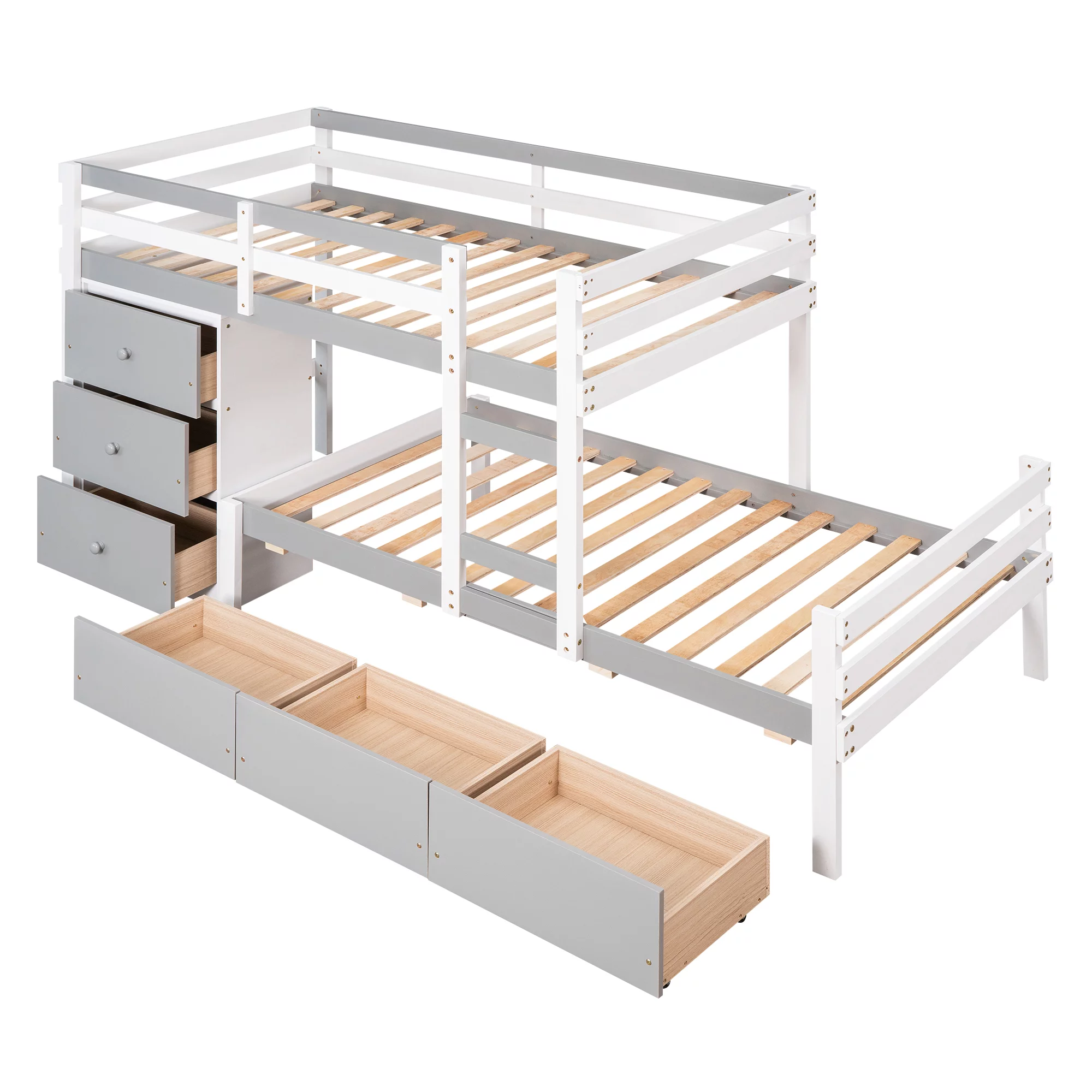 Euroco Twin over Twin Bunk Bed with Six Drawers for Kids Room, Gray