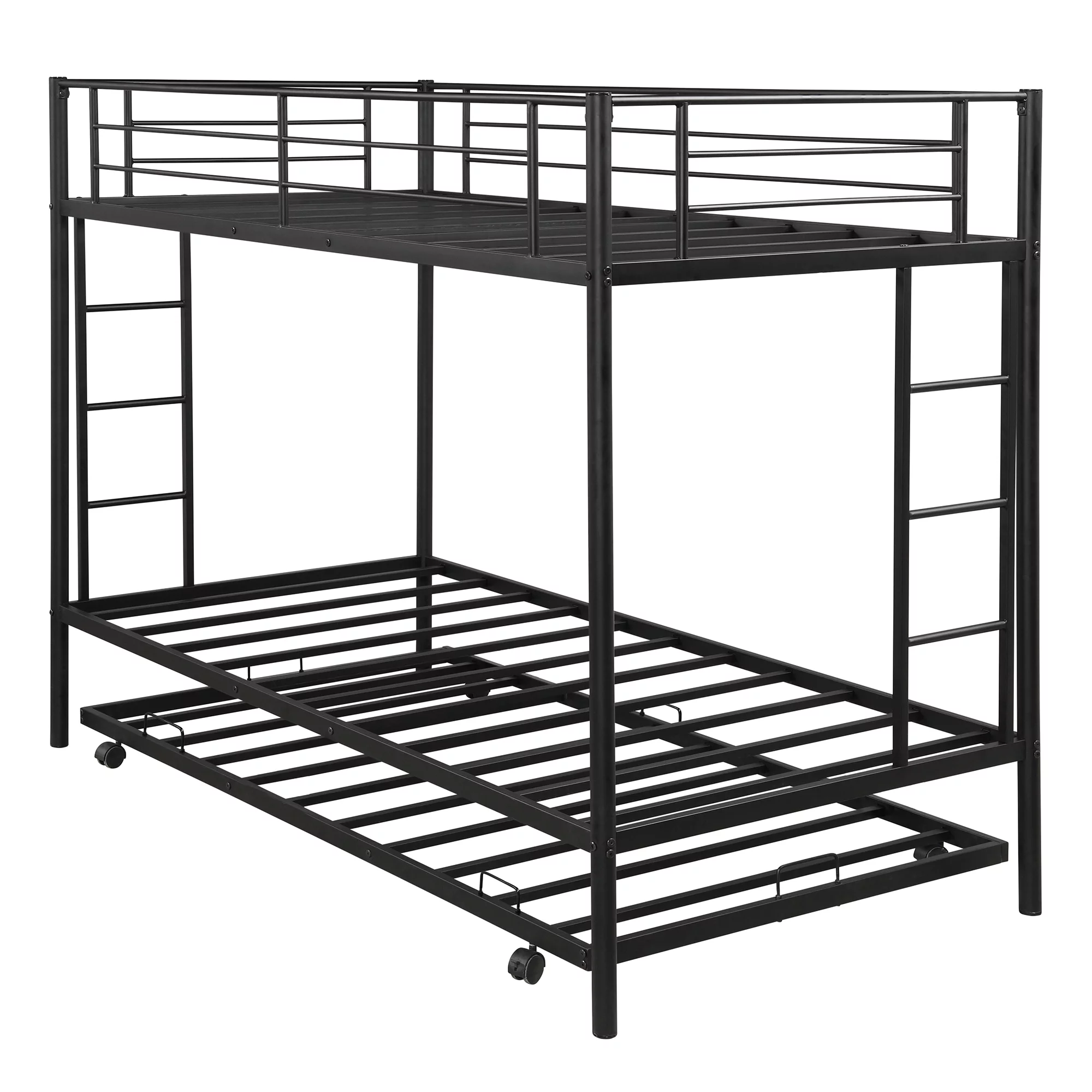 CHURANTY Twin Over Twin bunk Bed with Trundle,Metal Bunk Bed Frame with 2 Side Ladders, Safety Guard Rails for Kids/Teens/Children/Adults, Black