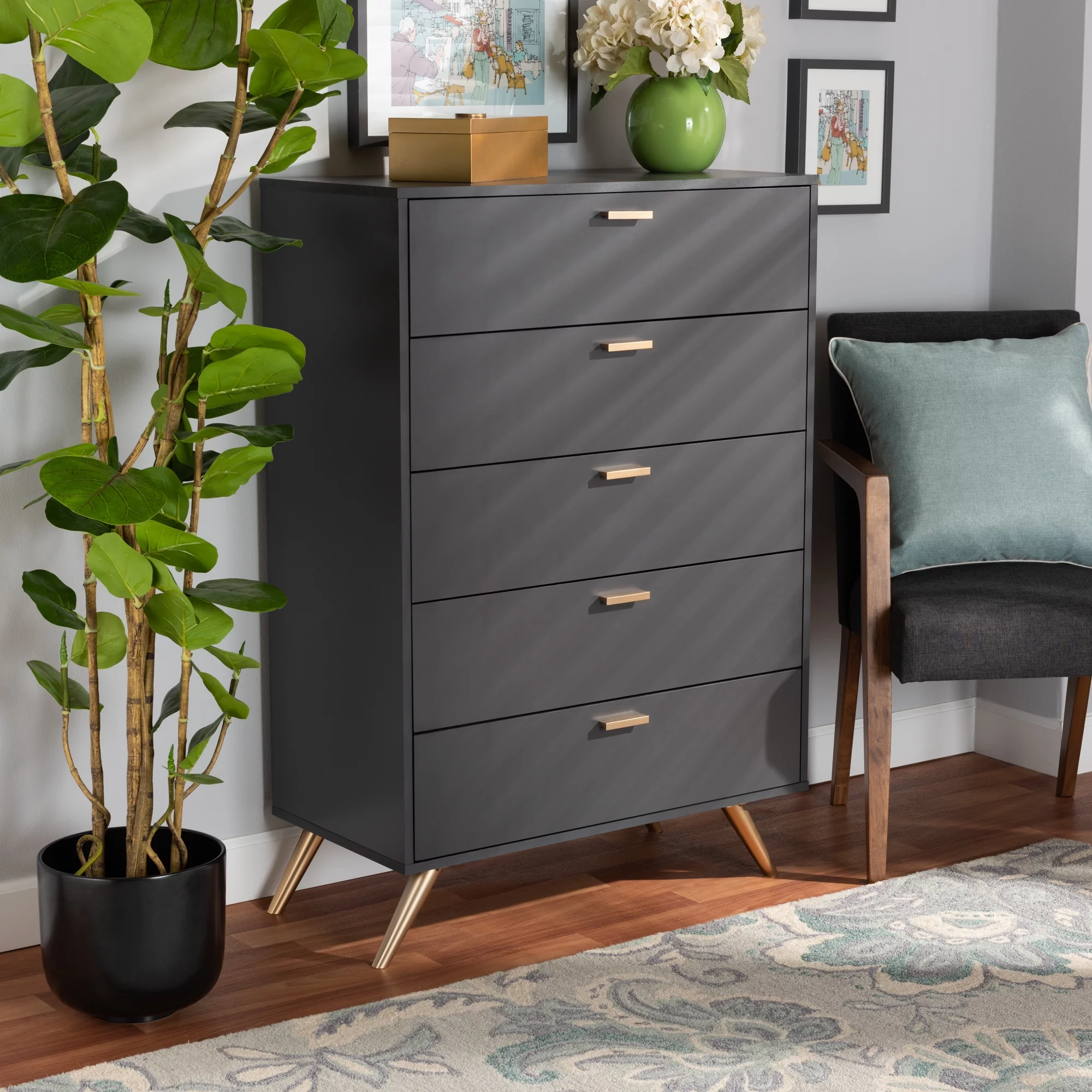 Baxton Studio Kelson Modern and Contemporary Dark Grey and Gold Finished Wood 5-Drawer Chest