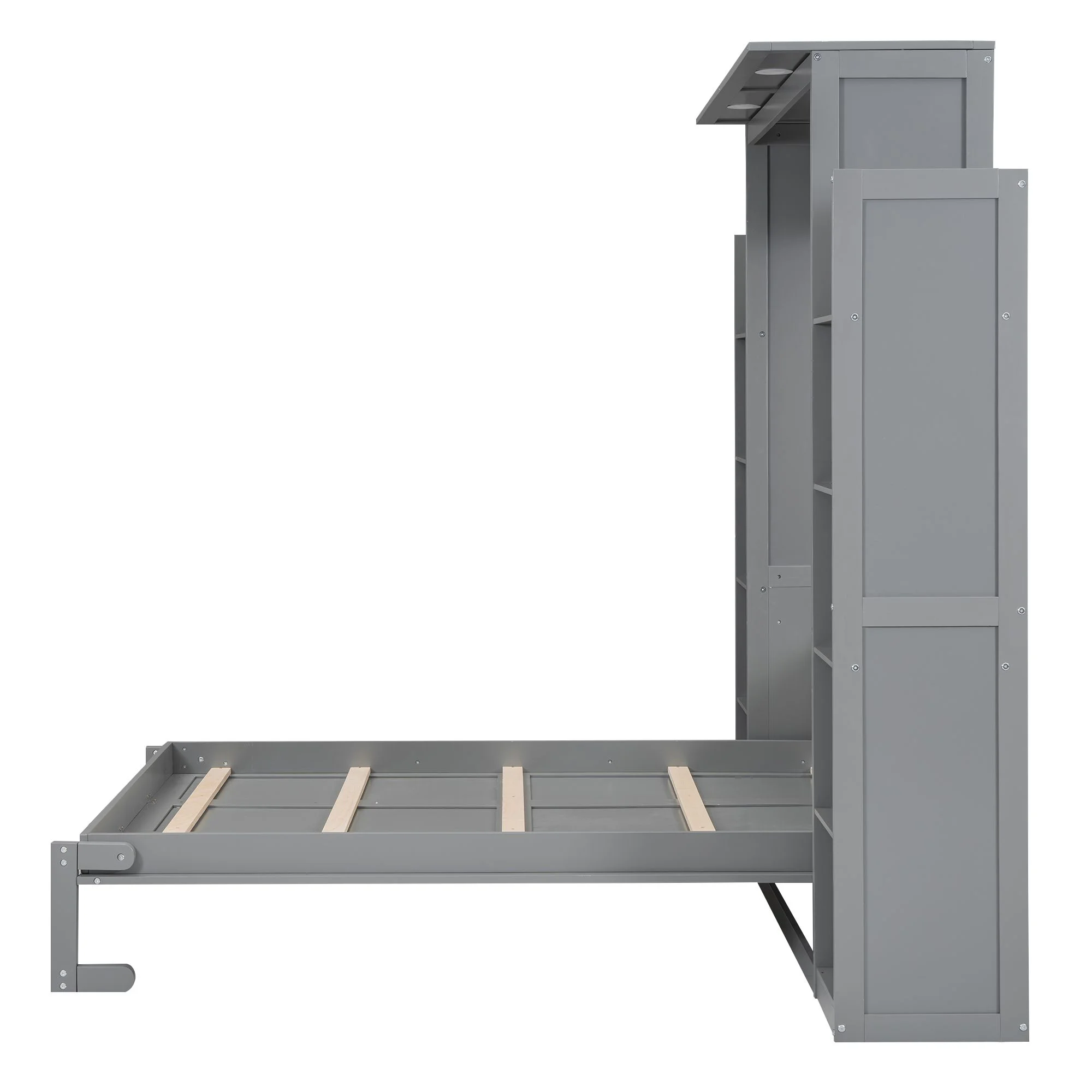 Practical Design Solid Wood Bed Frame Murphy Bed Wall Bed with Shelves and LED Lights, Platform Bed Frame, Mid Century Bedframe, Wood Foundation(Gray, Full)