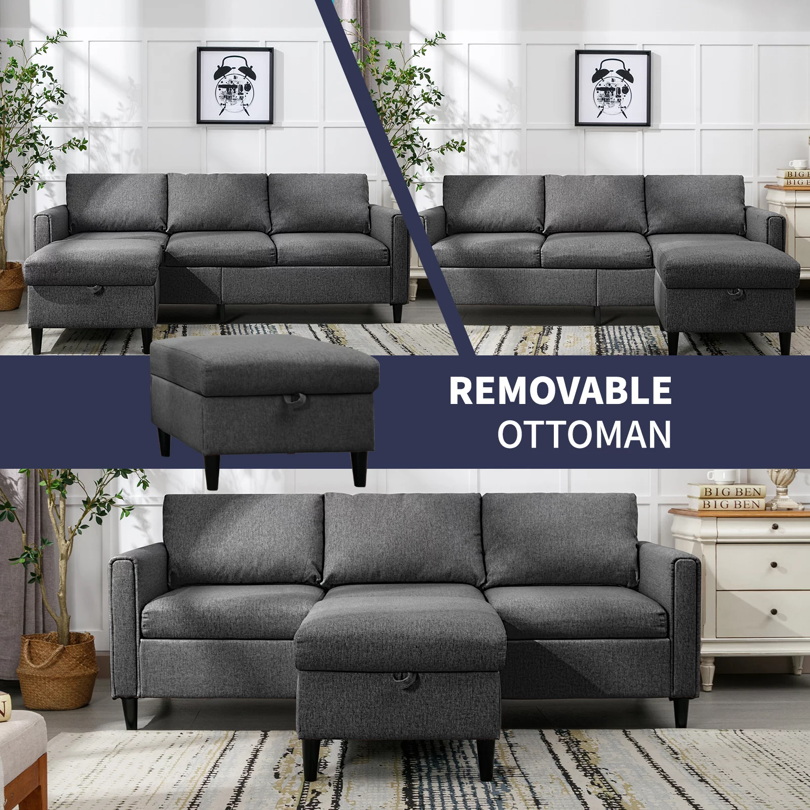 ZAFLY Sectional Sofa Couch, 3 Seat Sofa with Flexible Storage Ottoman, Modern L-Shape Linen Couches for Living Room/Office  - Dark Grey