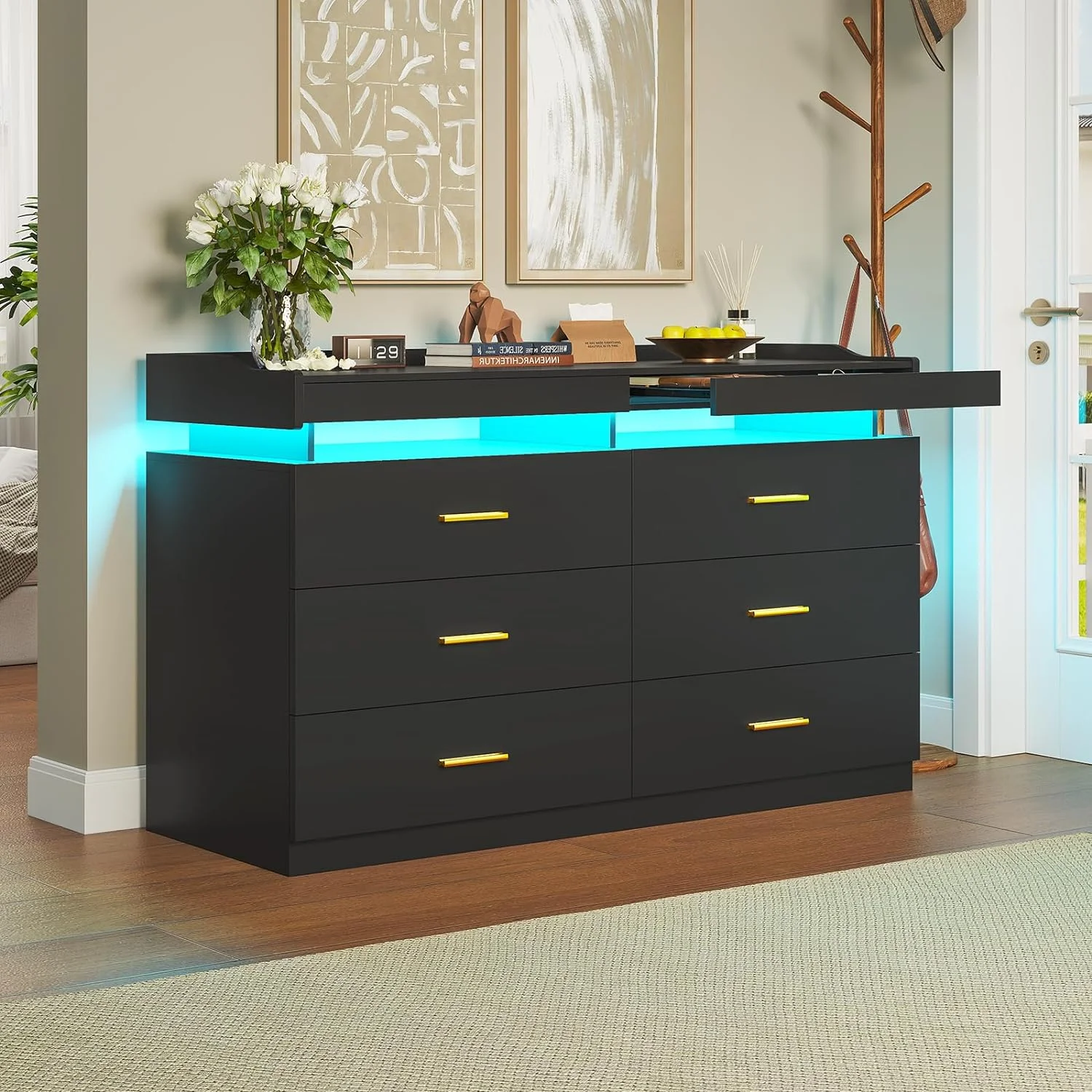 LED Dresser Black Chest of Drawers for Bedroom with 6 Drawers, Double Dresser with Pull-Out Trays for Living Room Entryway