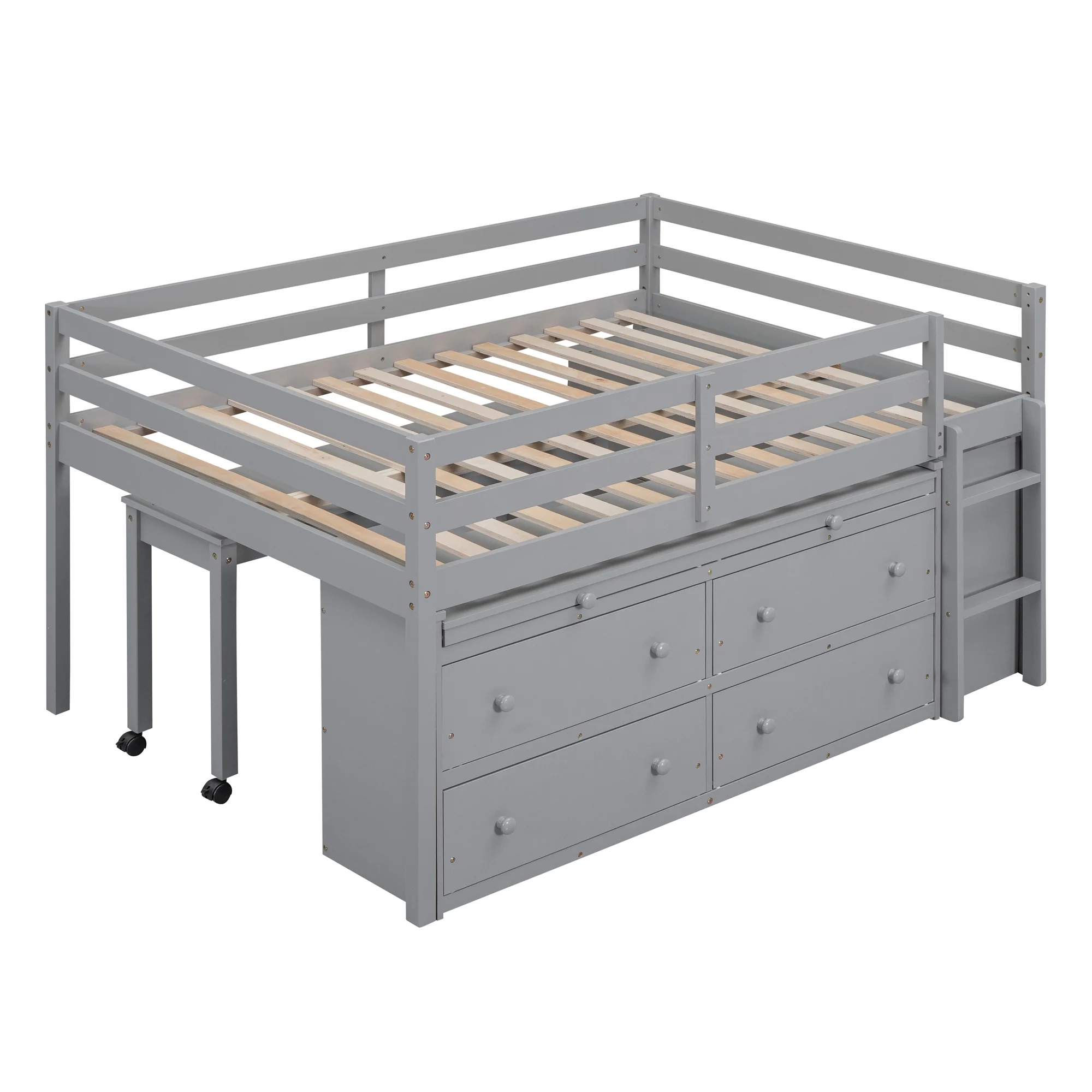 CoSoTower Full Size Loft Bed with Retractable Writing Desk and 4 Drawers, Wooden Loft Bed with Lateral Portable Desk and Shelves, Gray