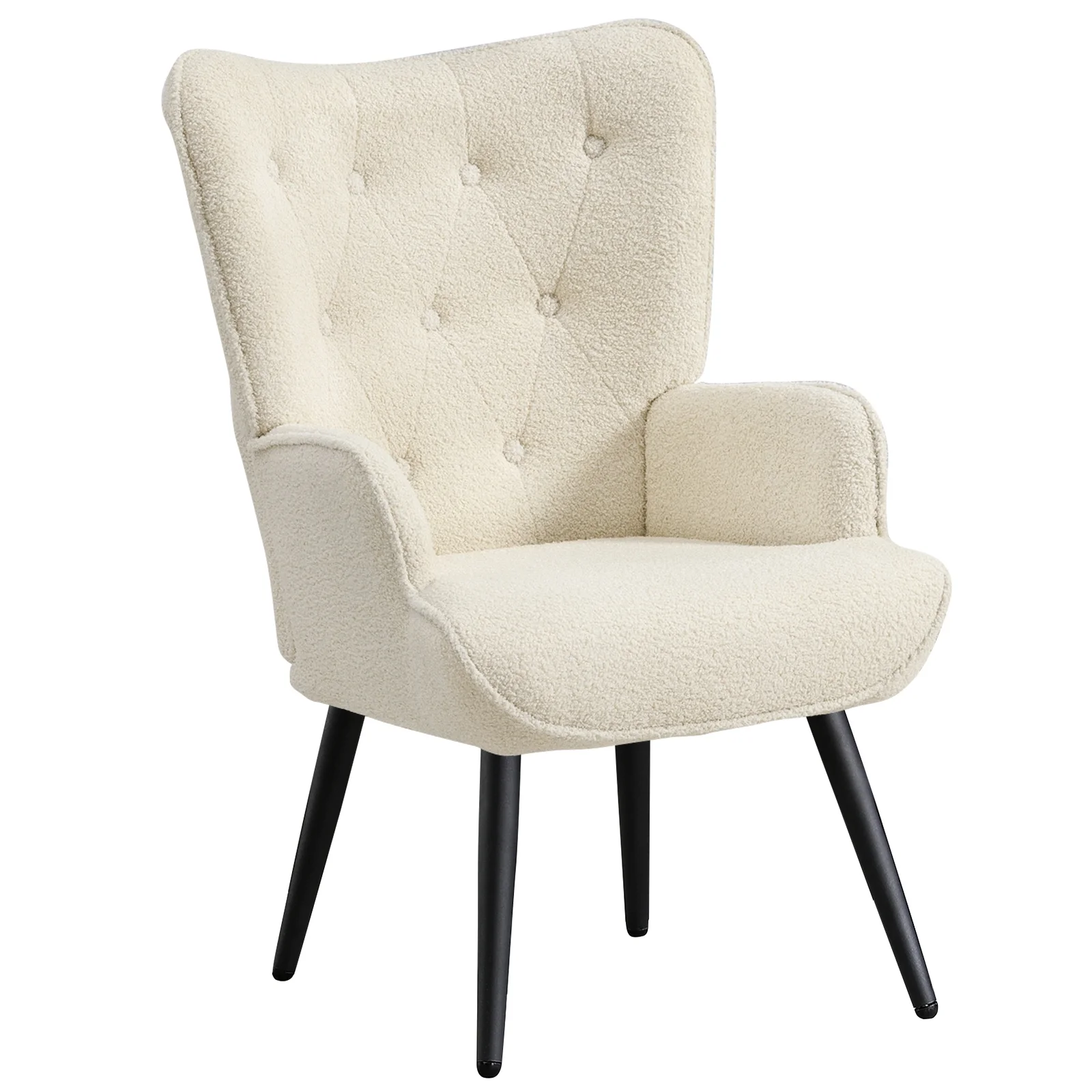 Furniliving Tufted Button Wingback Chair Upholstered Sherpa Accent Chair with Wide Arm Modern Leisure Club Chair, Lvory white