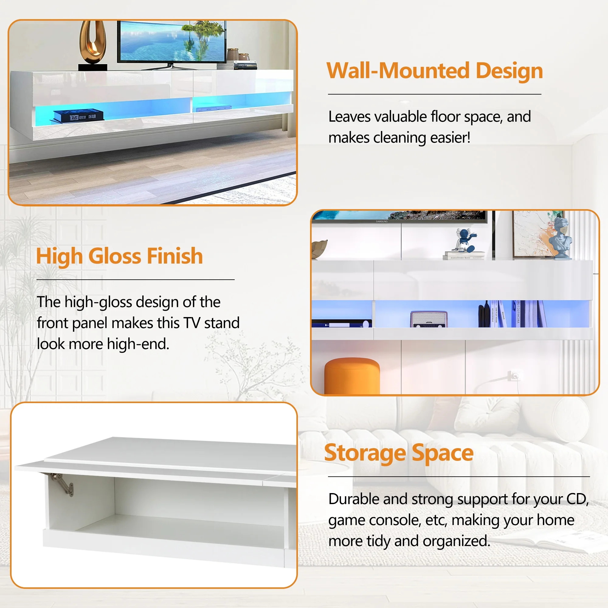 Floating TV Stand for 80 inch TVs, Paproos 71in Long LED Floating TV Cabinet, High Gloss Floating Entertainment Center with APP/Remote Control, Media Console Cabinet Living Room, White