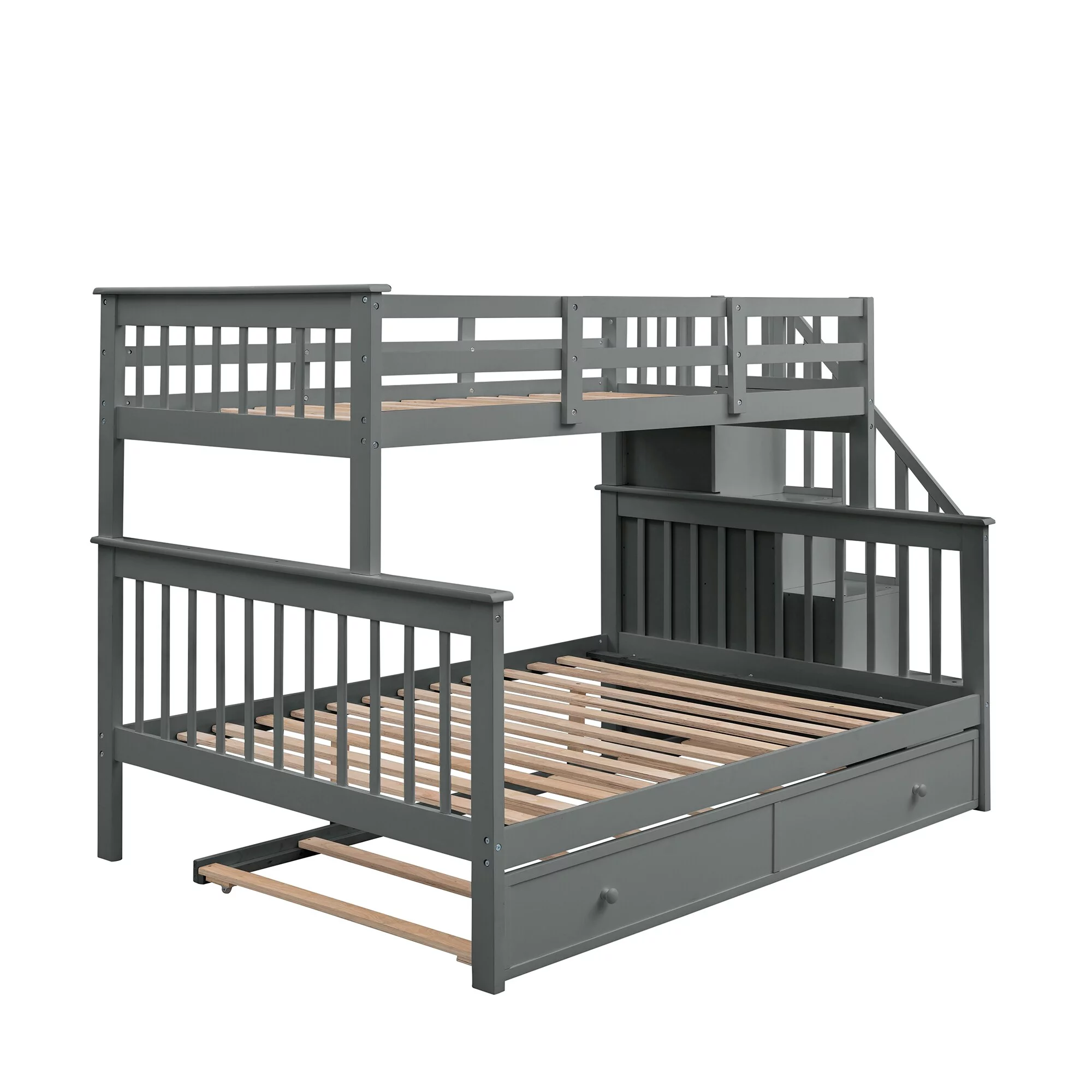 Nestfair Stairway Twin Over Full Bunk Bed with Twin size Trundle Grey