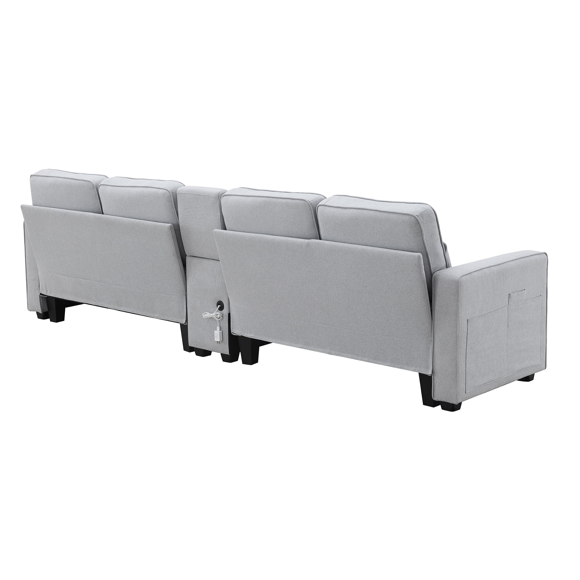 Modern 4 Seater Large Sofa with Console, Linen Fabric Upholstered Couch with USB Charging Ports Cup Holders for Living Room Office