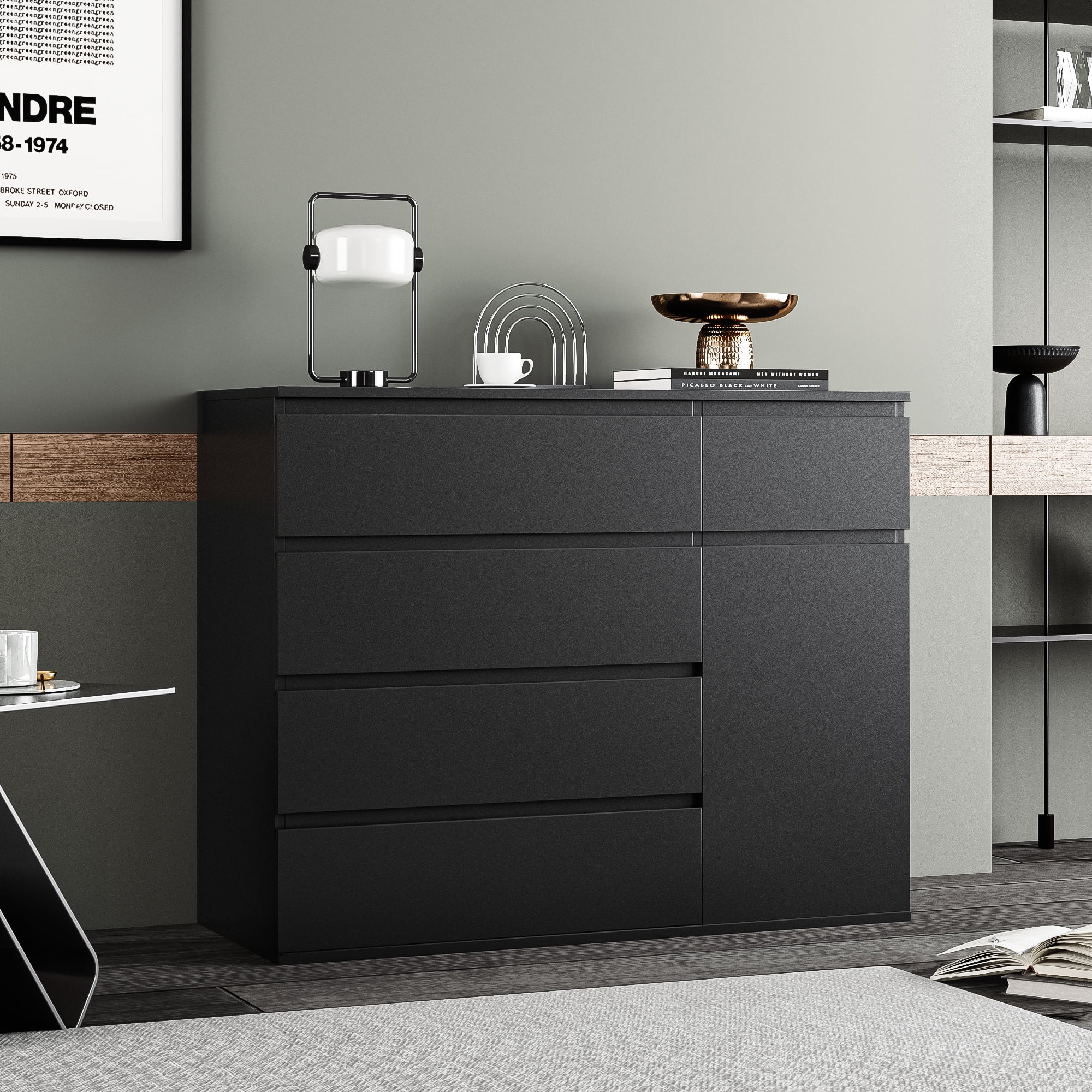 Homfa 5 Drawer Dresser with Door, Modern Accent Storage Cabinet Chest of Drawers for Bedroom Living Room, Black