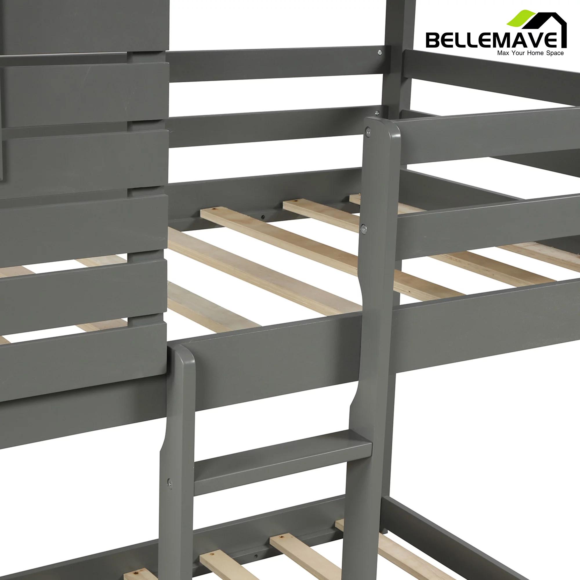 Bellemave Twin over Twin Bunk Bed for Kids, Twin House Bunk Bed with Roof, Window, Guardrail and Ladder, Low House Bunk Bed/Wood Playhouse Bunk Bed for Kids, Girls, Boys(Gray)