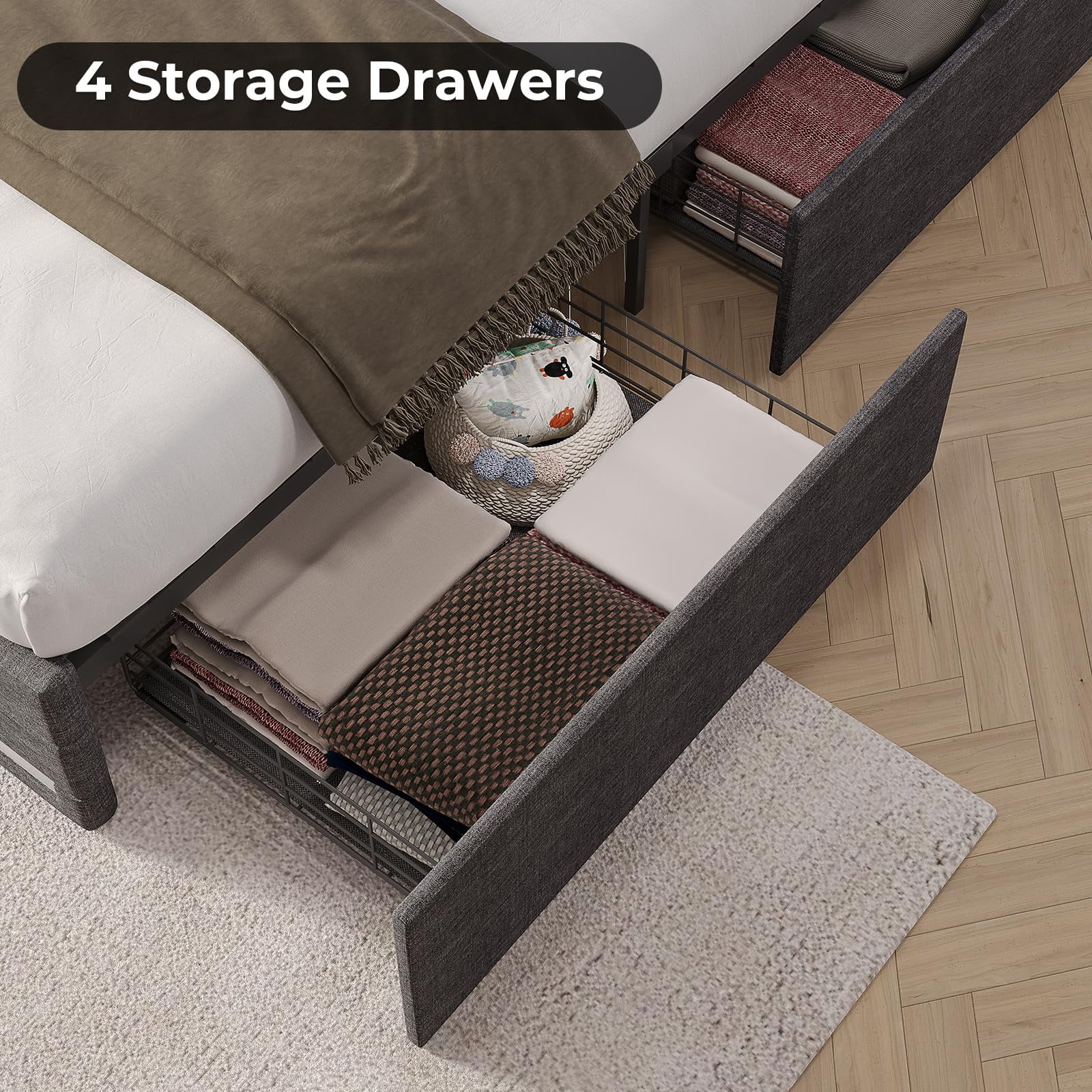 LED Bed Frame King Size Upholstered Platform Bed with 4 Drawers and LED Headboard and 2 USB Ports,Noise-Free, Dark Grey