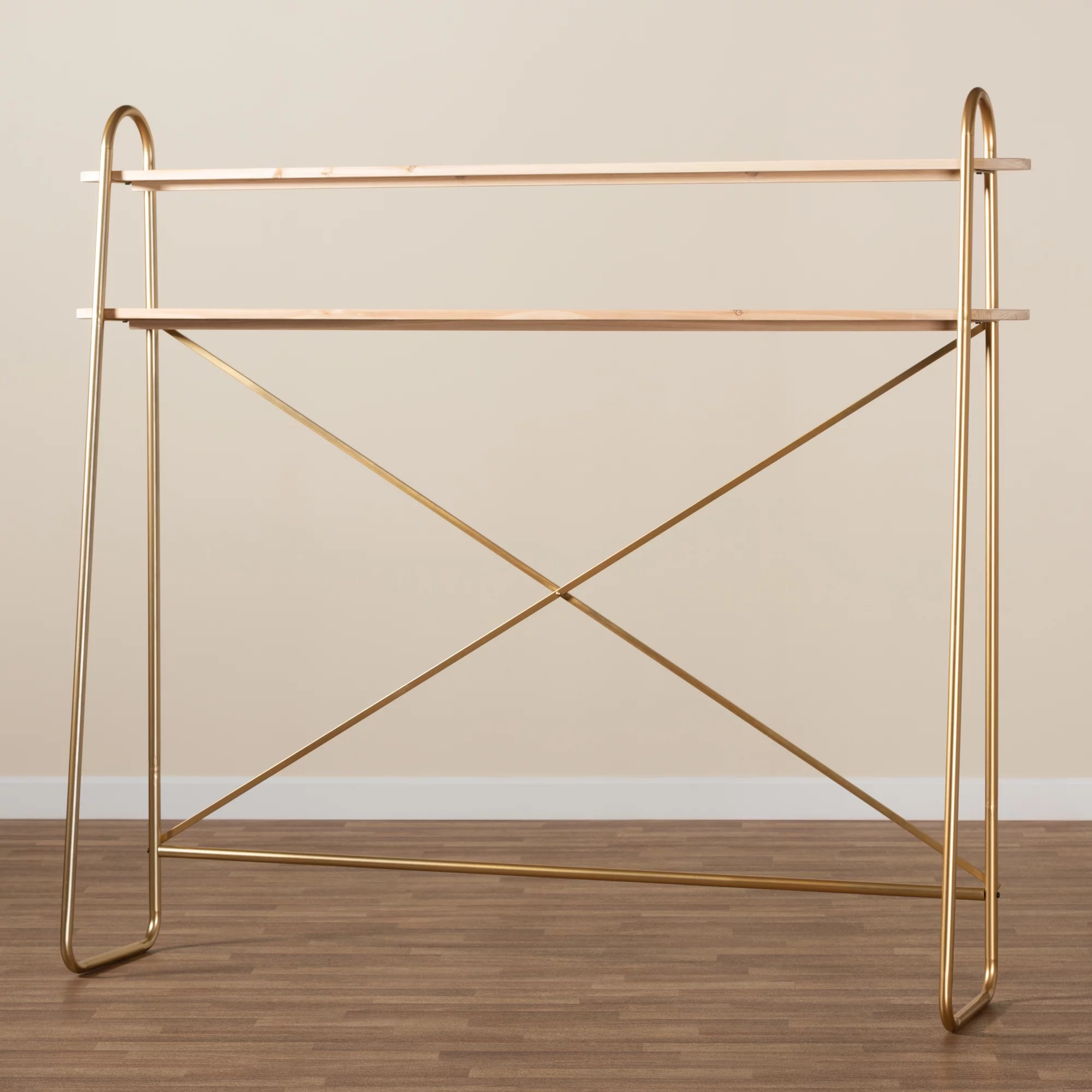 Baxton Studio Merida Glam and Luxe Brushed Gold Finished Metal and Natural Brown Finished Wood 2-Tier Over Bed Queen Size Storage Display Shelf