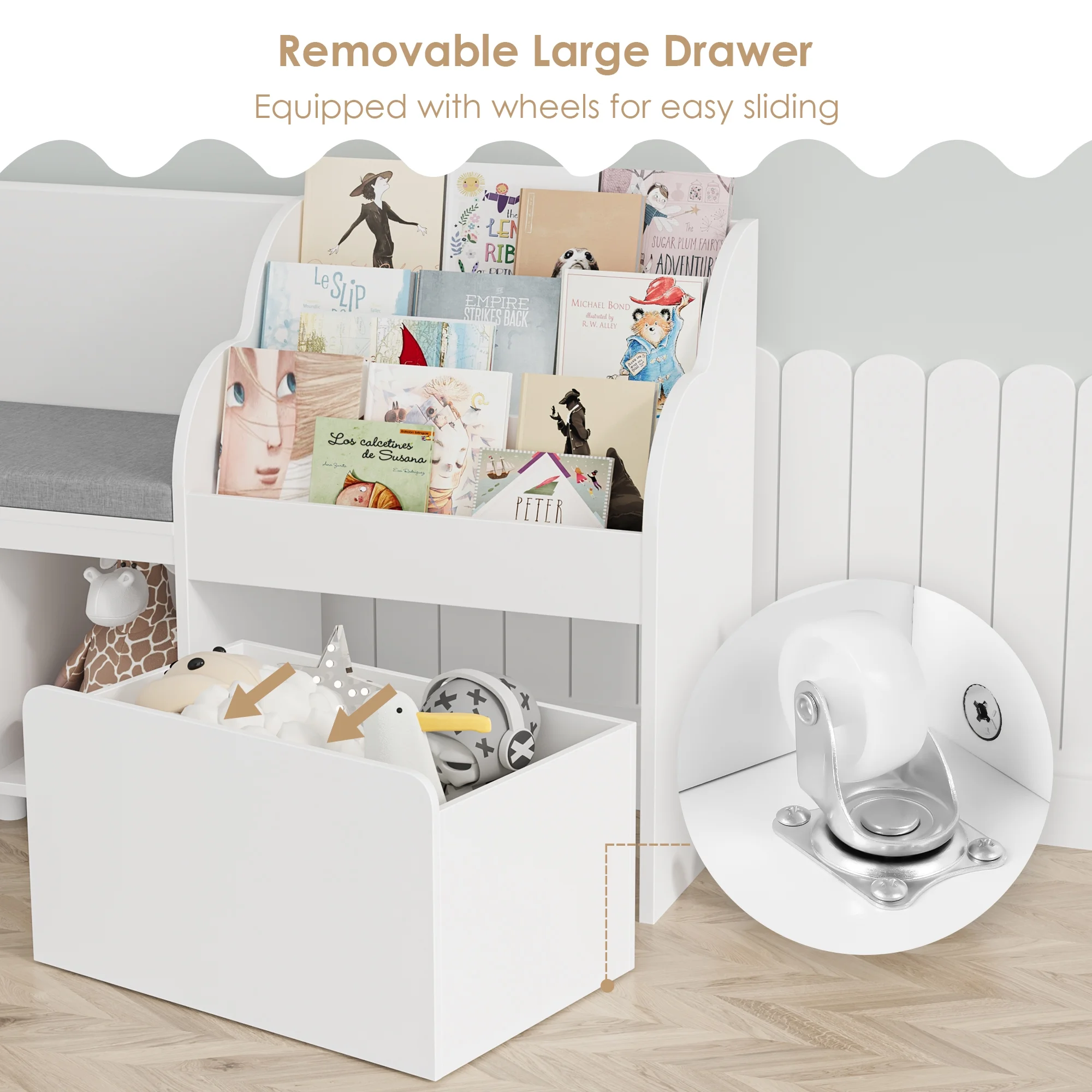 Homfa Kids Bookshelf with Reading Nook, 6 Shelf Bookcase with 1 Wood Toy Bin with 3 Tier Book Rack for Children Kidsroom