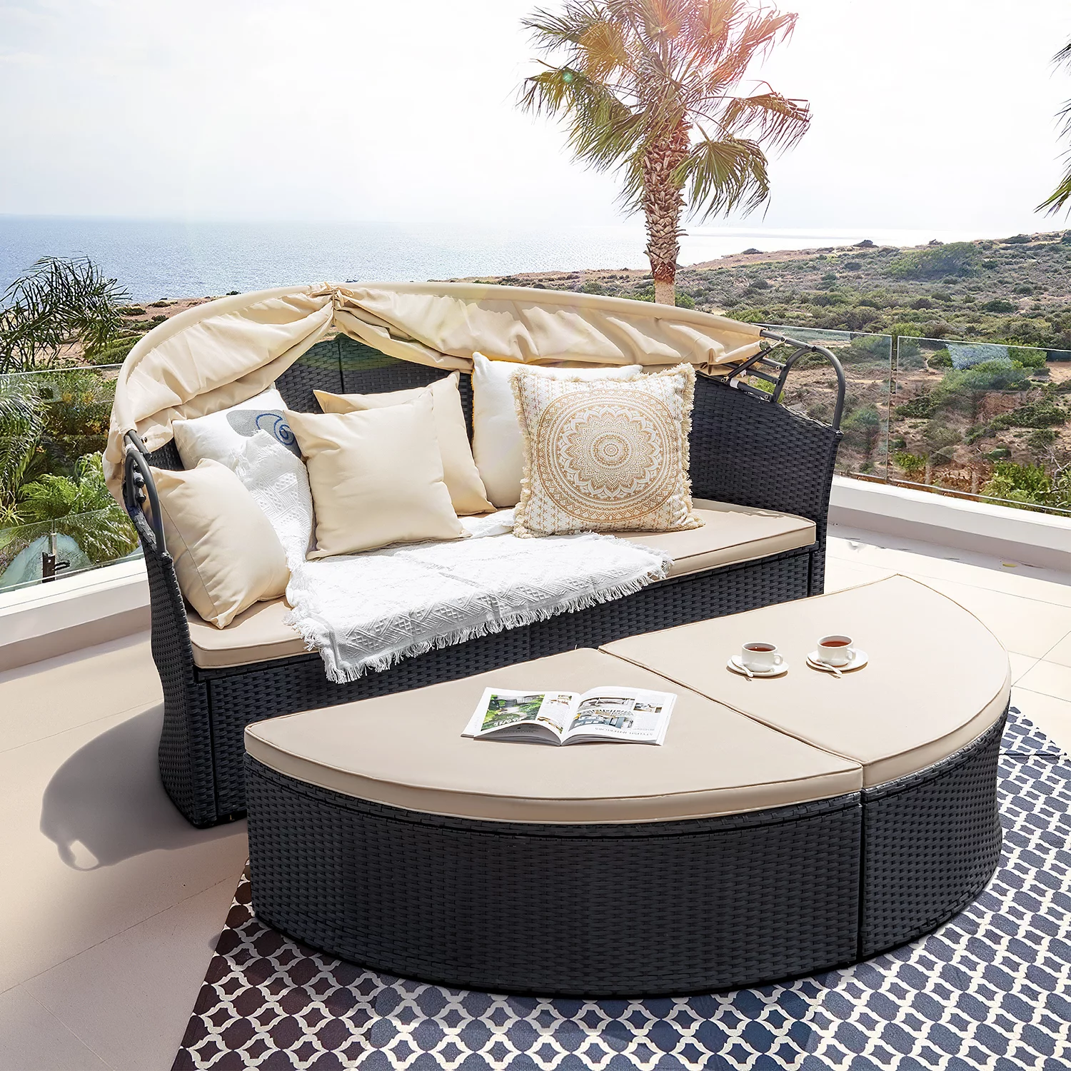Homall Outdoor Daybed with Retractable Canopy Sectional Rattan Round Bed for Patio, Black & Beige