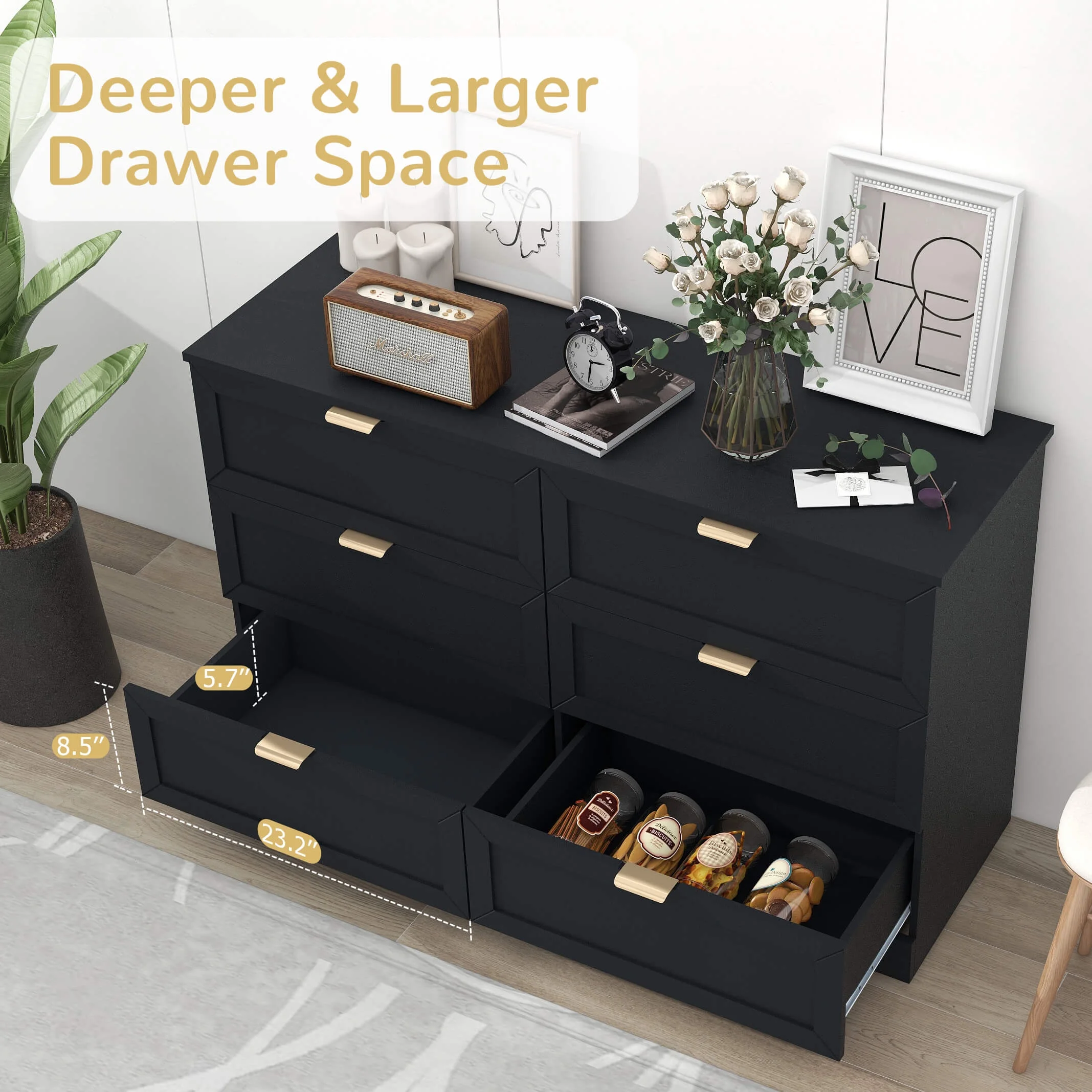 6 Drawer Dresser for Bedroom, Modern Long Dresser Chest With Large Drawer, Wooden Chest of Dresser Storage Cabinet Organizer Unit Black