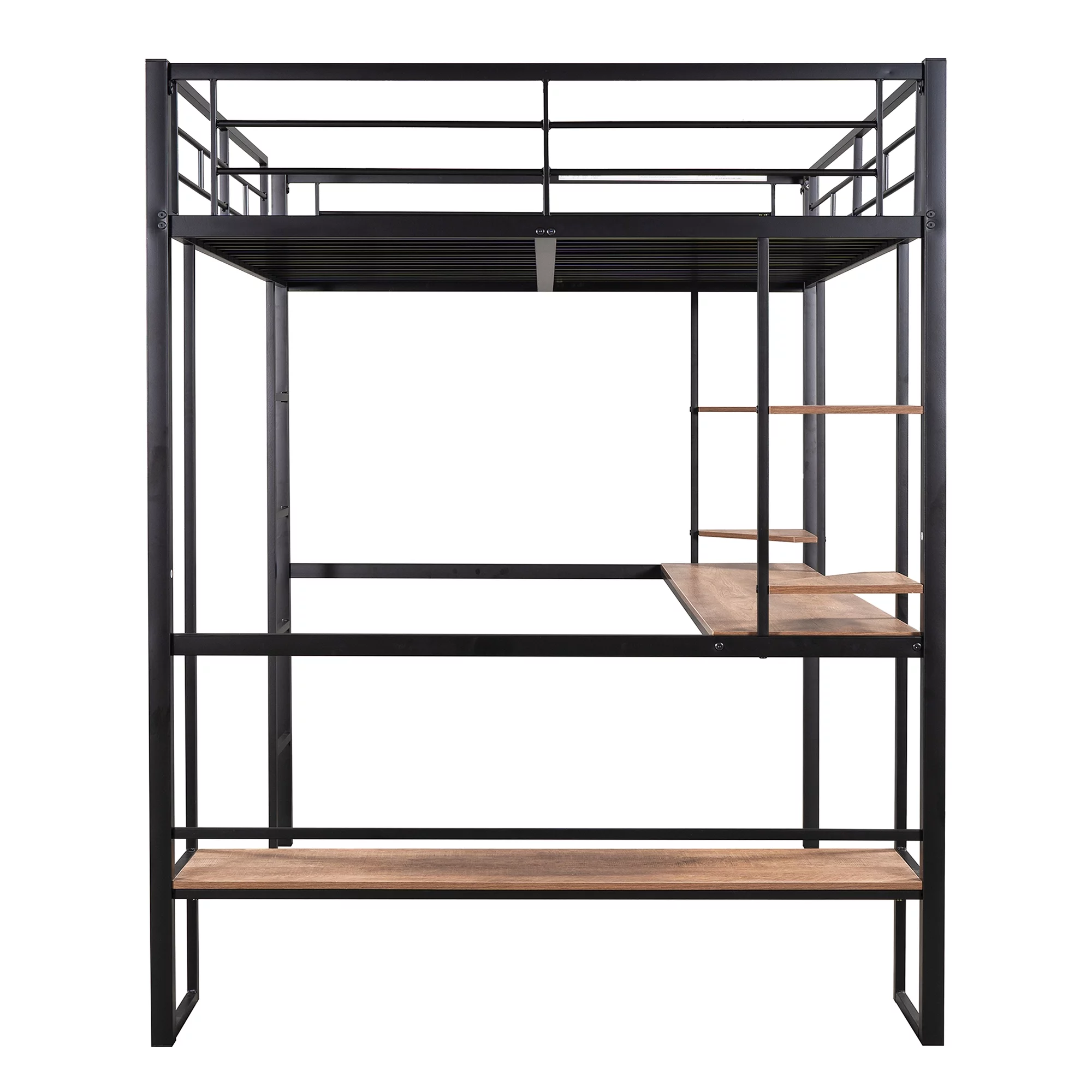 Euroco Full Size Loft Bed with Desk and Shelf, Space Saving Metal Bed, Black
