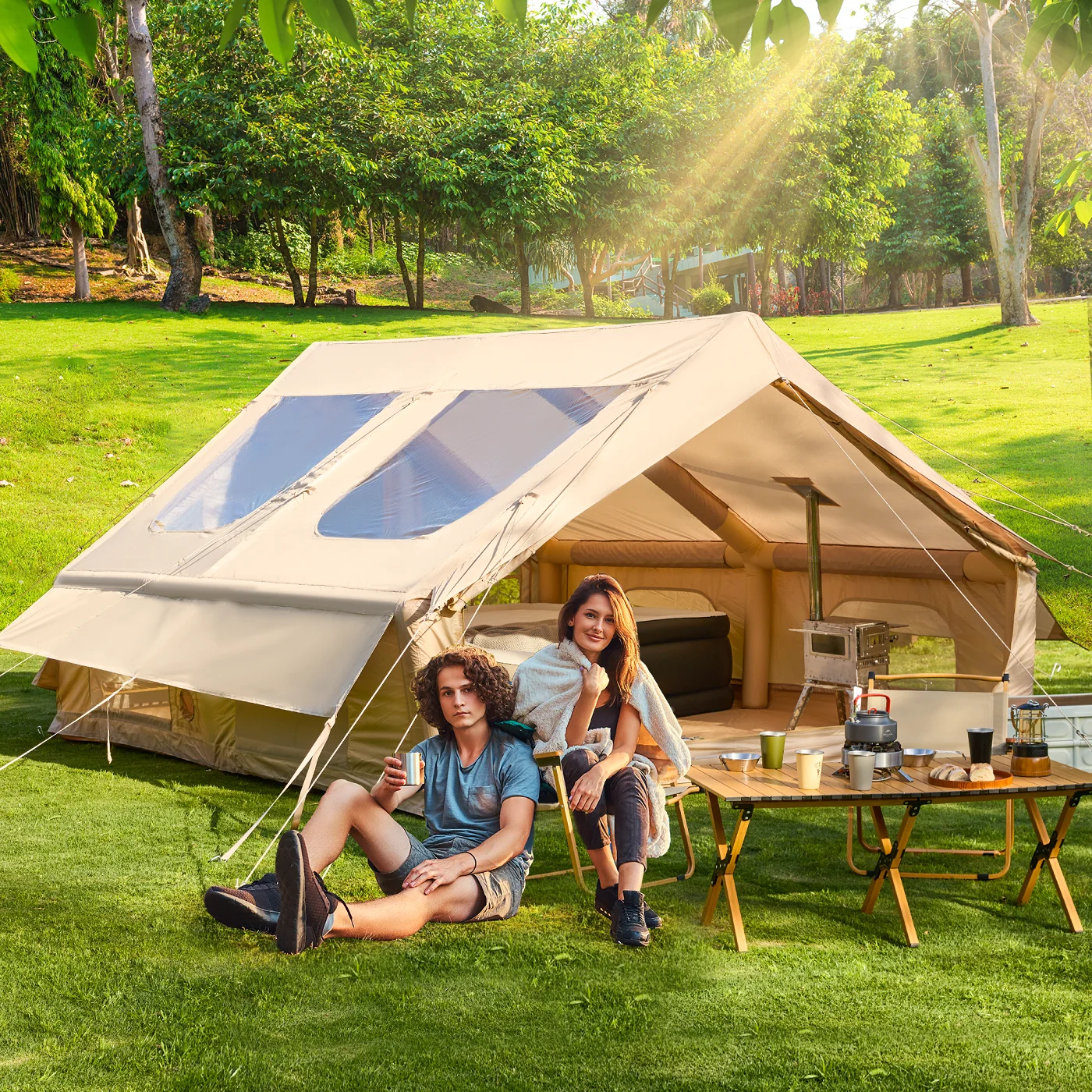 Richryce 13'x10' Inflatable Camping Tent, 130 SFT Air Tent, Glamping Tents, Outdoor Cabin Tent with Pump, Carrying Bag