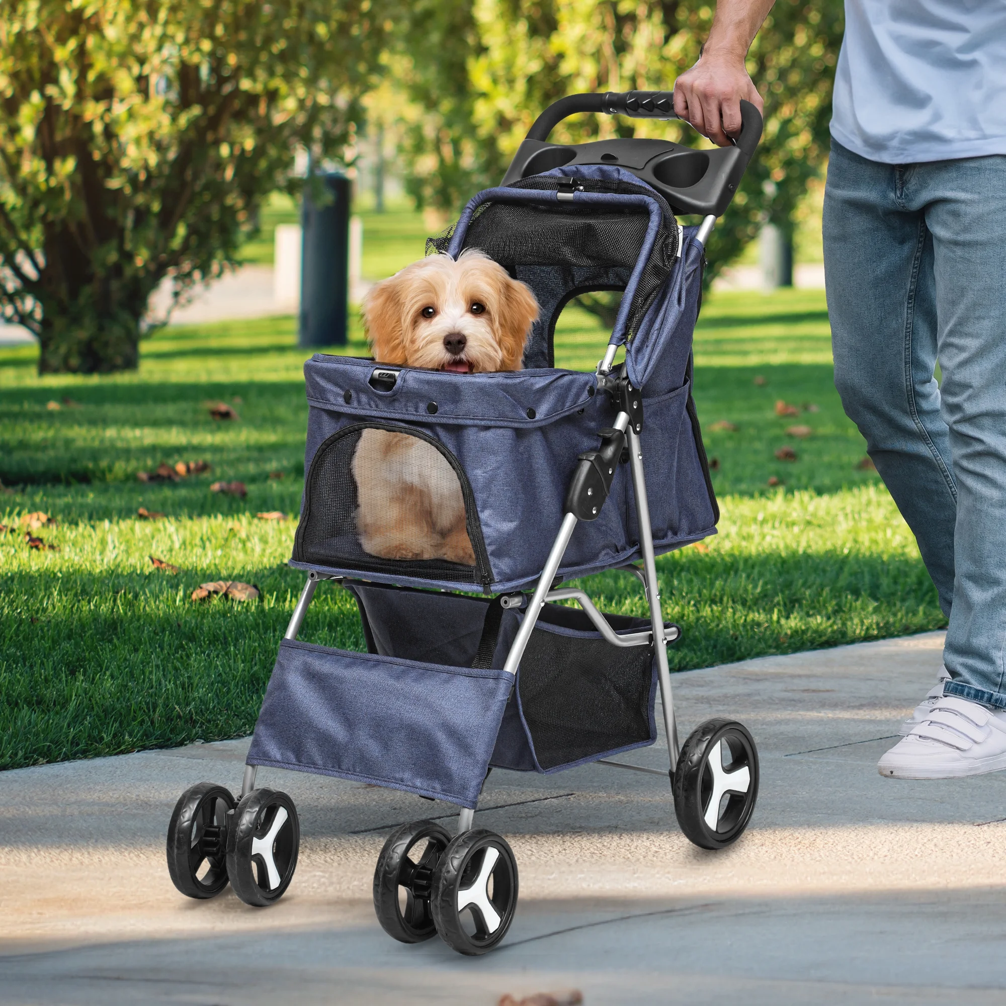 Dextrus 4 Wheel Foldable Dog Stroller with Storage Basket, Pet Stroller with 360? Rotation Wheel, for Small Medium Dogs & Cats,Navy Blue