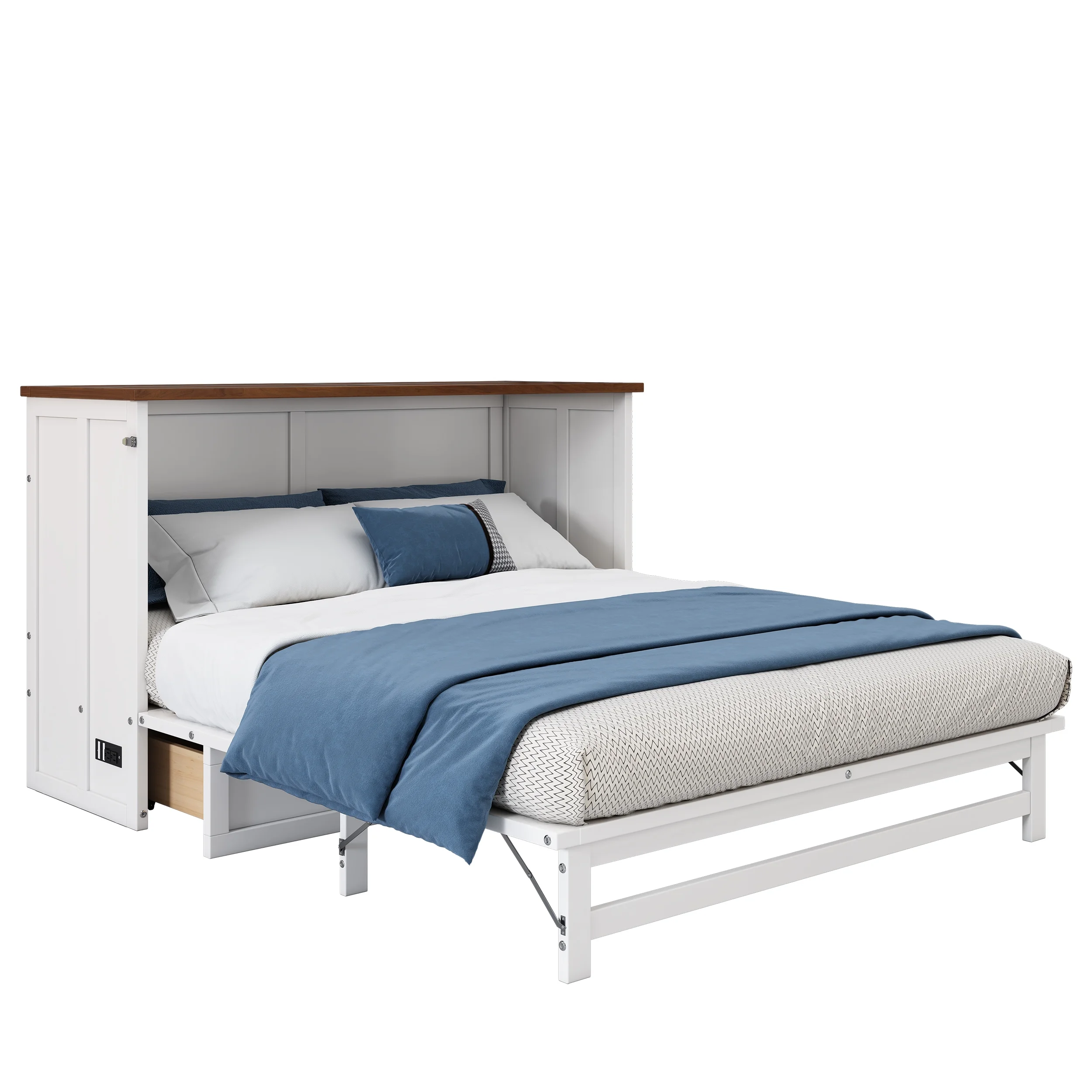 Bellemave Murphy Bed Full with Storage Drawer, Solid Wood Full Size Murphy Bed Cabinet with Charging Station, Easy Fold Modern Murphy Beds for Guest Room Home Office (White+Walnut)