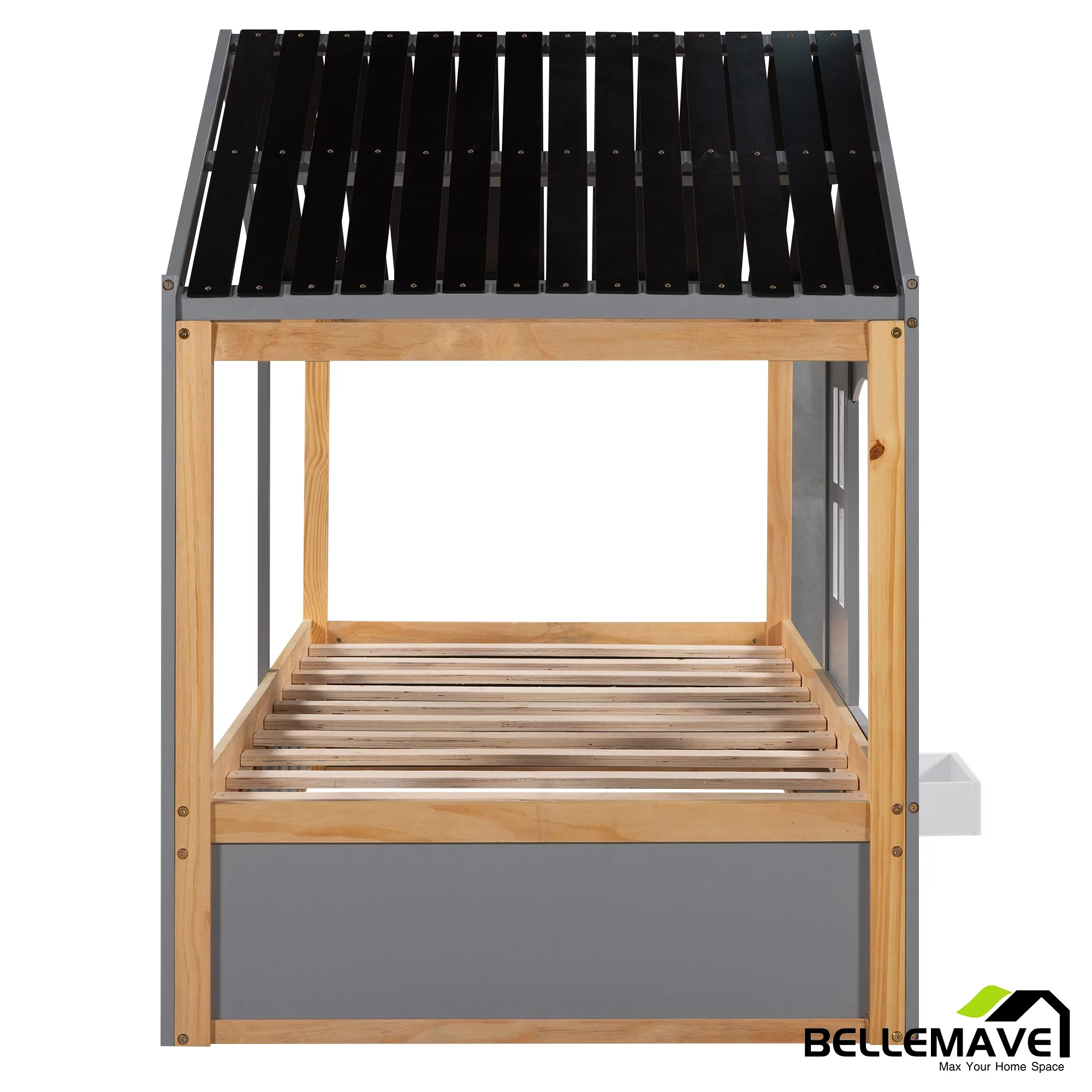 Bellameve Gray Twin Size Kids Canopy Platform Bed with Roof, Window, Blackboard and Little Shelf, Wood House Shaped Kids Platform Bed Daybed for Bedroom Living Room