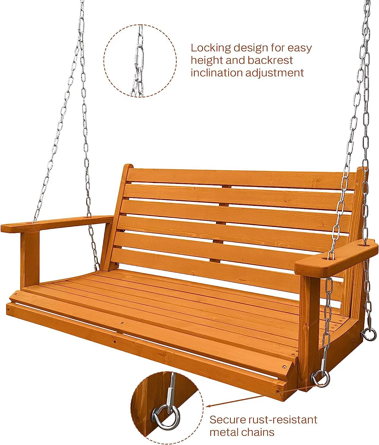 Wooden Porch Swing 2-Seater, Ergonomic Seat, 42.5 Inch Bench Swing for Outdoor Patio Garden Yard, Golden Honey
