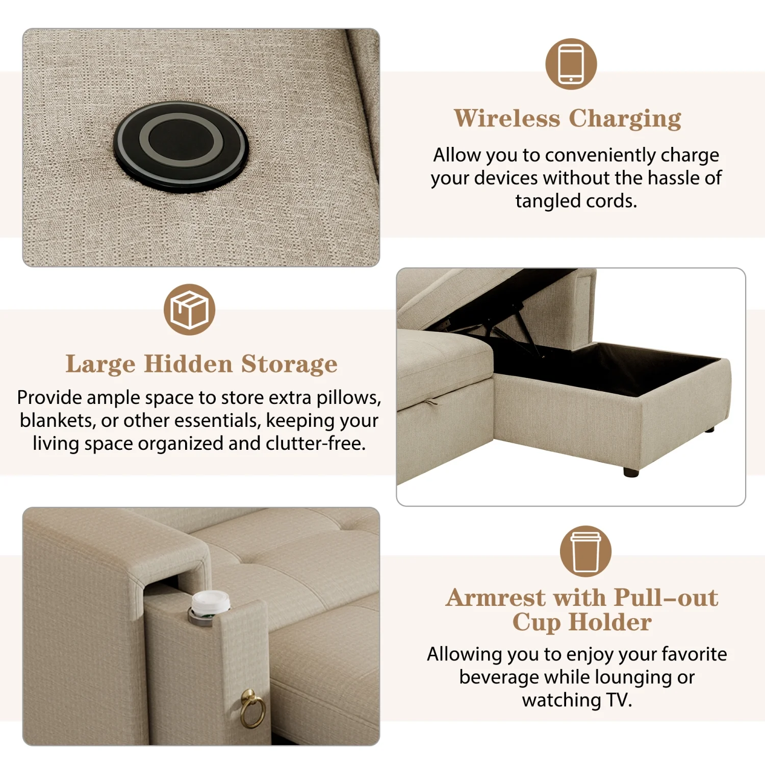 Churanty Pull Out Couch Bed with Storage and Cup Holder Sectional Sleeper Sofa with Wireless Charging L Shaped Couch with Adjustable Headrest Convertible Sofa Bed for Living Room,Beige