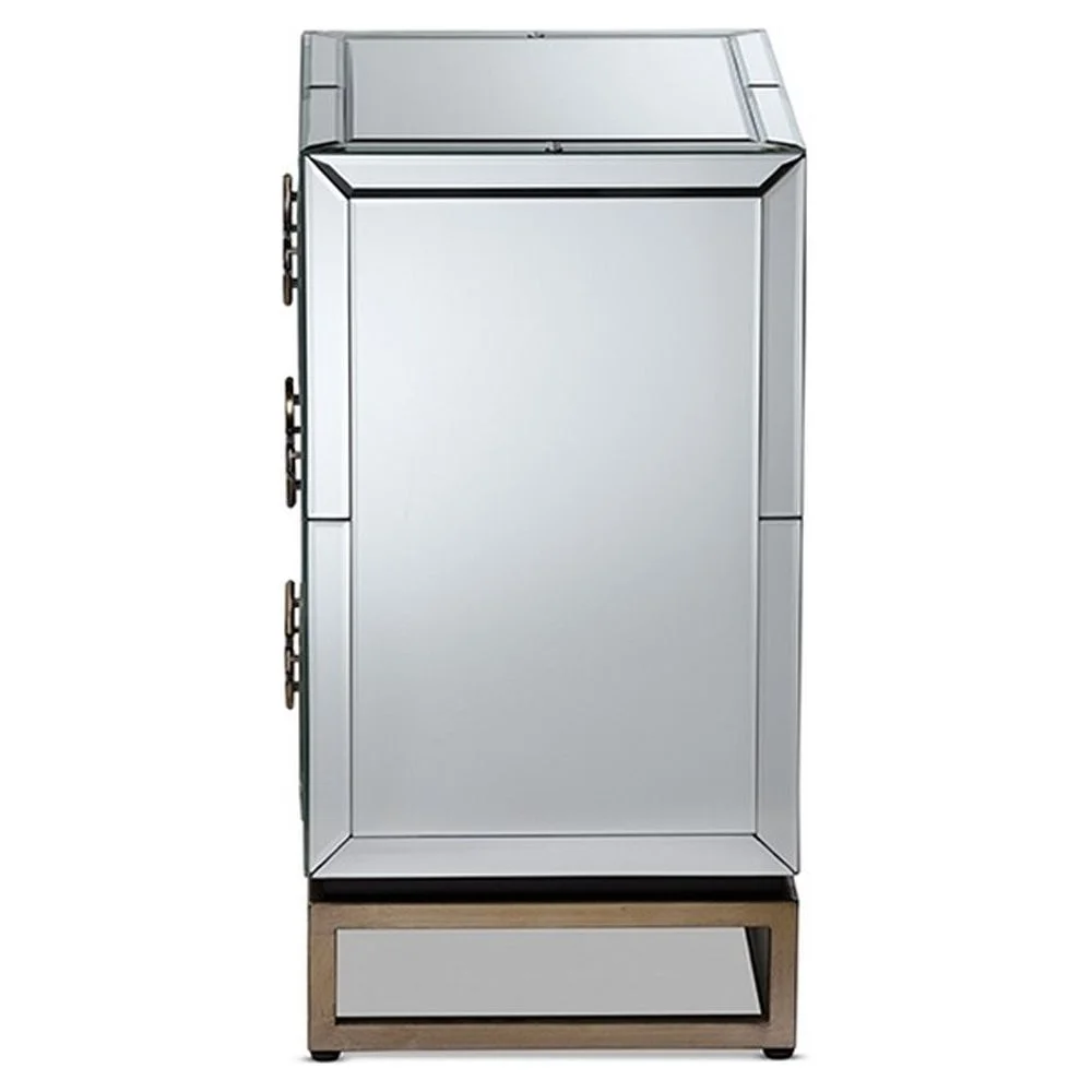 Laken Contemporary Glam and Luxe Mirrored and Antique Bronze Finished 3-Drawer Nightstand