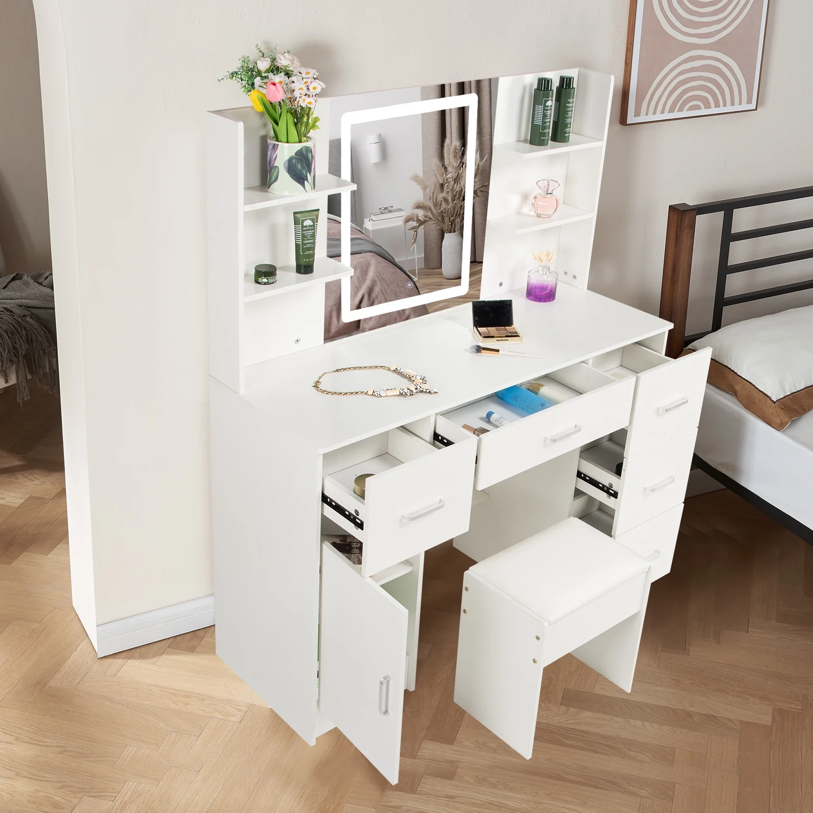 JBLCC Makeup Vanity with Mirror & LED Light, Modern Vanity Desk with 5 Drawers, Makeup Table w/ Stool, White