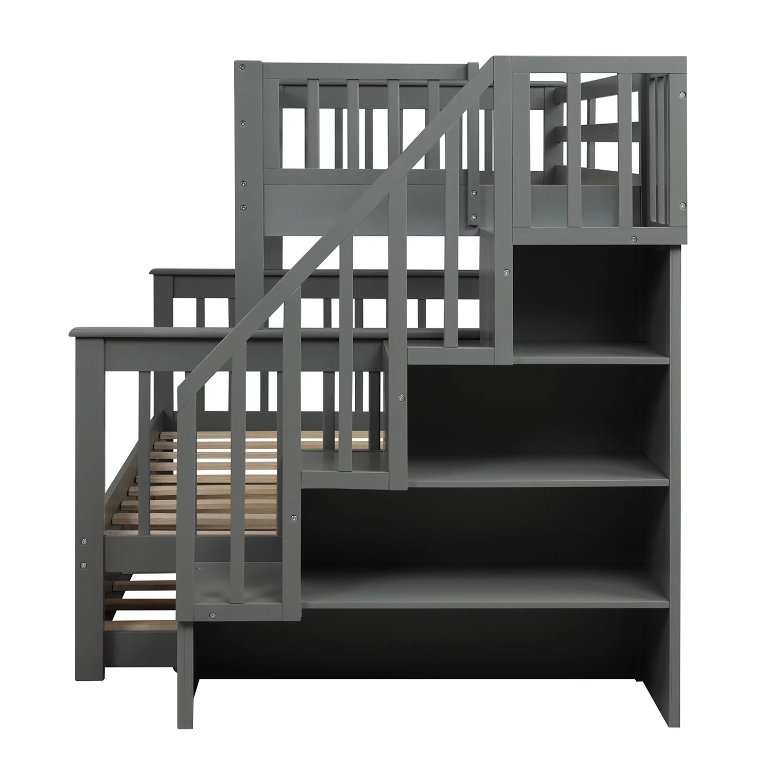 Stairway Solid Wood Twin Over Full Bunk Beds with Twin Size Trundle, Storage and Guard Rail Kids Bunk Beds