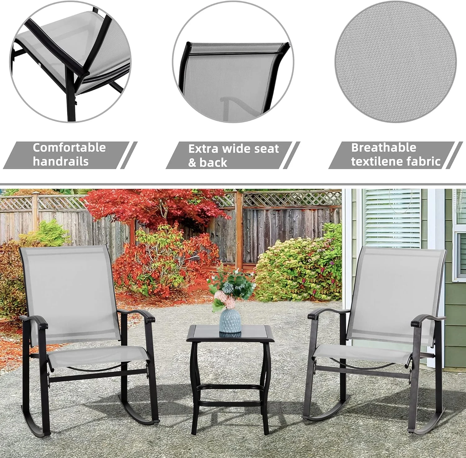 Vongrasig 3 Piece Outdoor Rocking Bistro Set, Textilene Fabric Small Patio Furniture Set, Front Porch Rocker Chairs Conversation Set with Glass Table for Lawn, Garden, Balcony, Poolside (White)