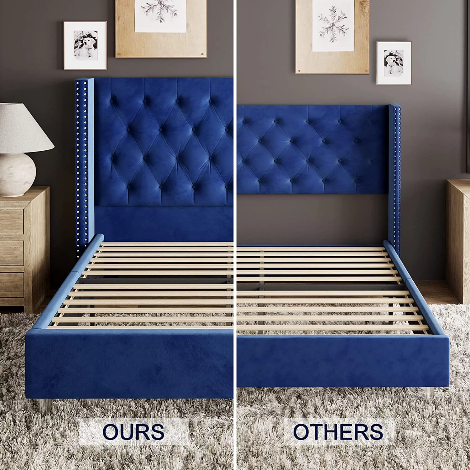 Bed Frame King Size Velvet Tufted Upholstered Bed Low Profile Platform Bed Raised Wingback Headboard/Wood Slats Support/No Box Spring Needed/Easy Assembly/Cream