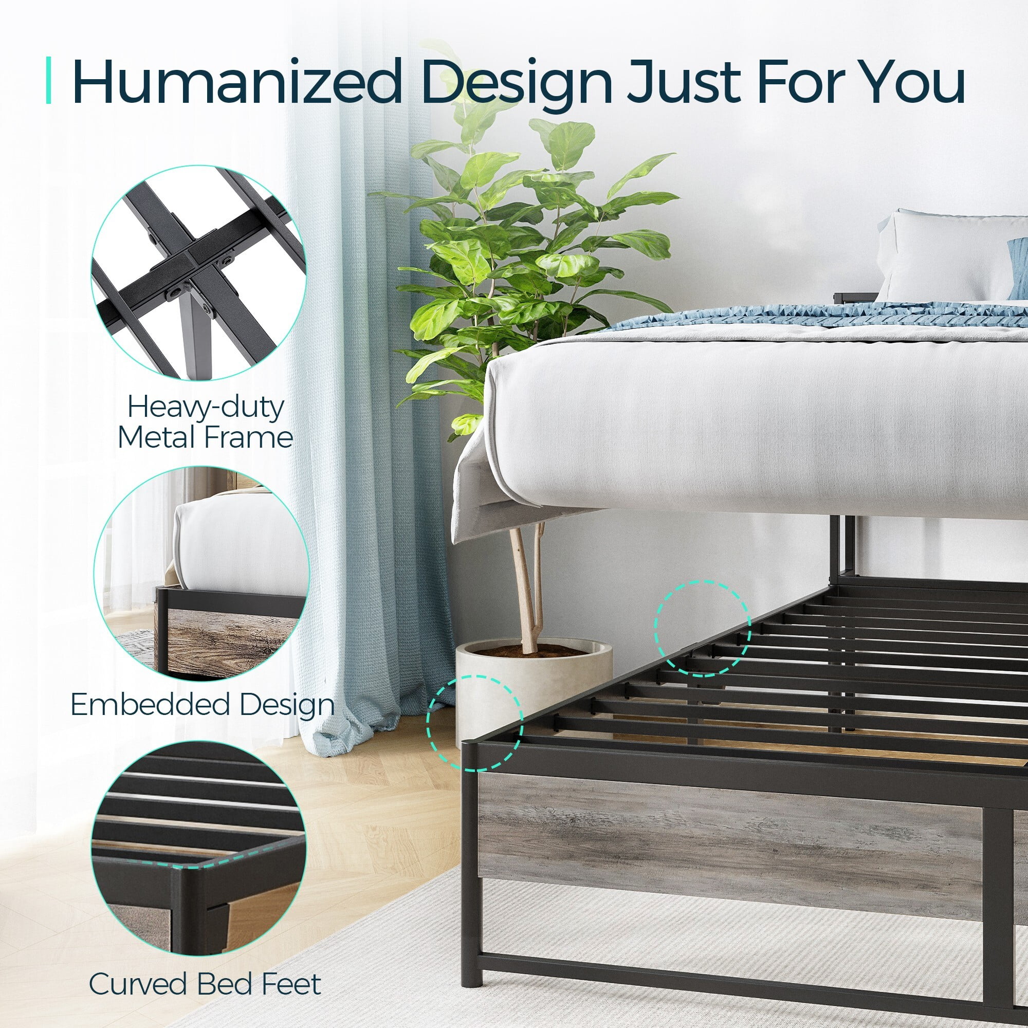 Linsy Home Queen Size Platform Bed Frame with Storage Headboard and 4 Storage Drawers, No Box Spring Needed, Light Grey