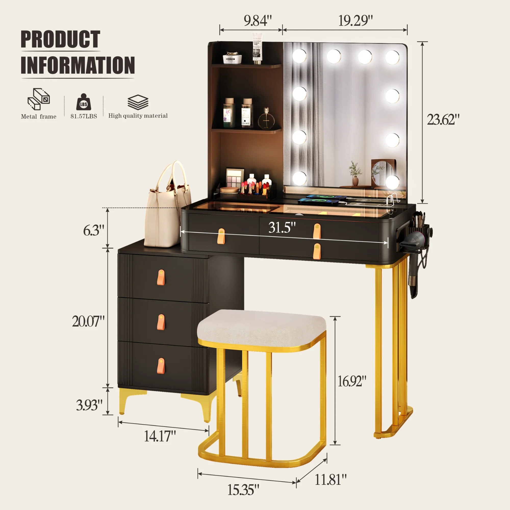 FREDEES Makeup Vanity Desk Set with Hollywood Mirror and Led Lights and Charging Station for Bedroom, Black