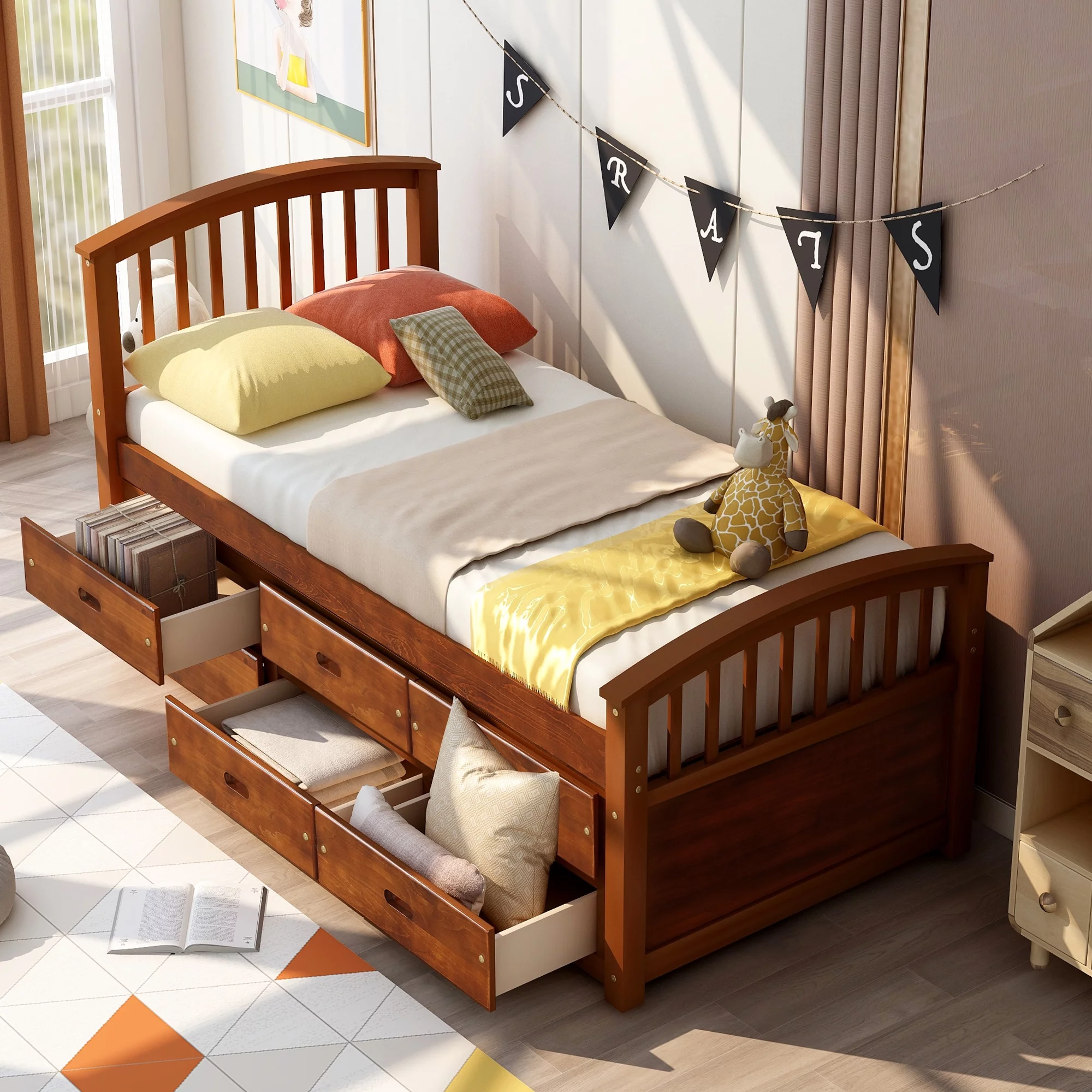 ZPL Solid Wood Twin Size Bed Frame with 6 Drawers, Wooden Twin Size Mattress Platform Base Bed Platform for Bedroom