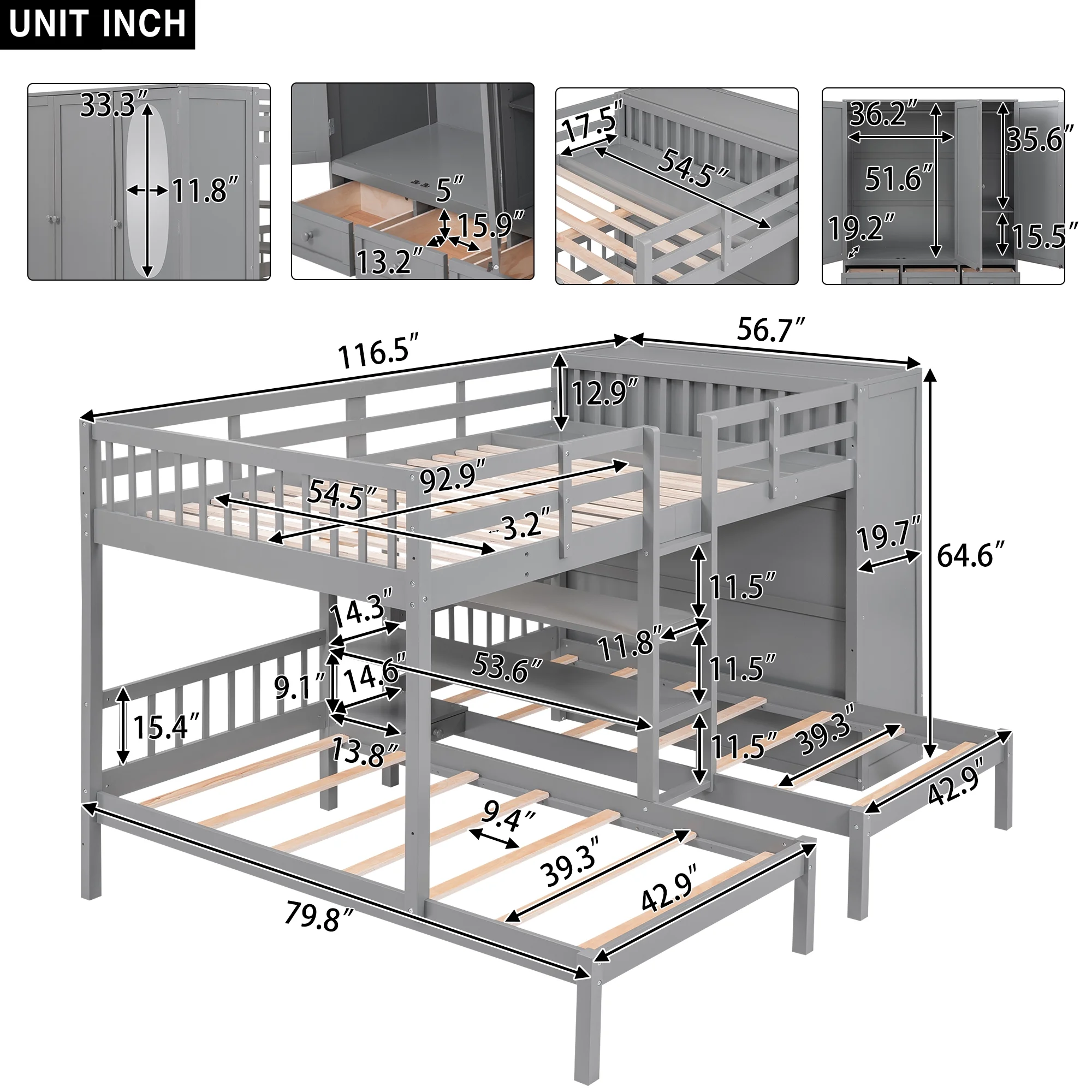 Churanty Full-Over-Twin-Twin Bunk Bed with Shelves, Wardrobe and Mirror, Gray